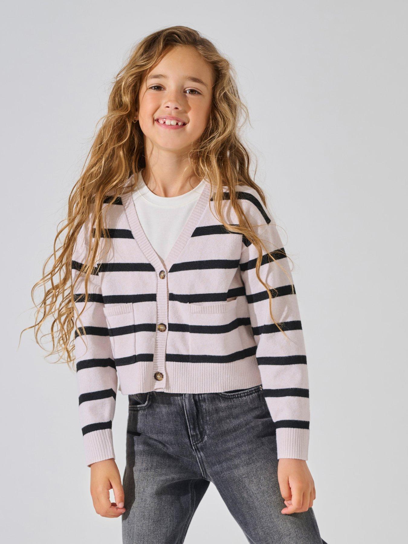 undefined Girls Striped Knitted Cardigan - Birch Black
