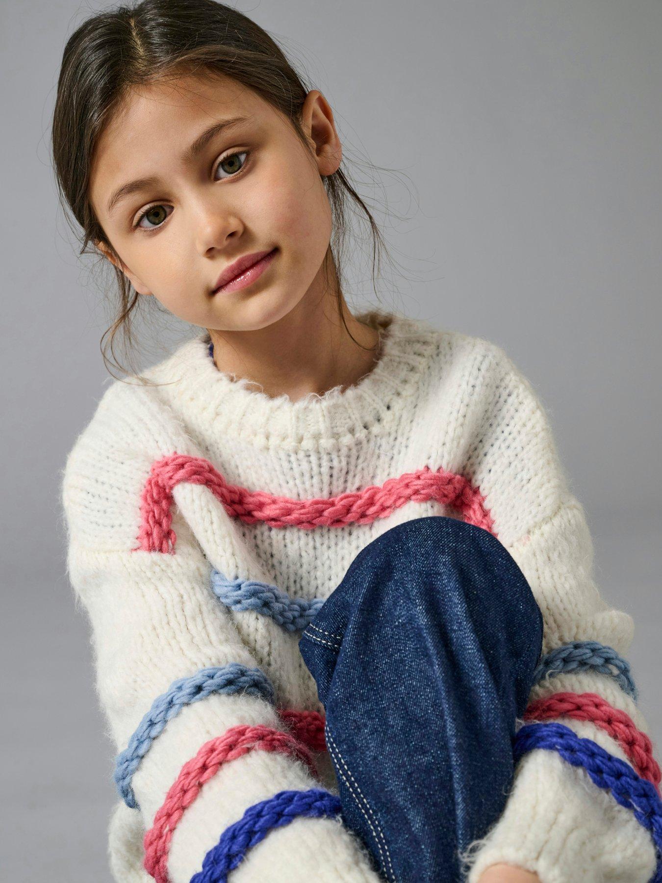 undefined Girls Striped Chunky Knitted Jumper - Cream/Multi
