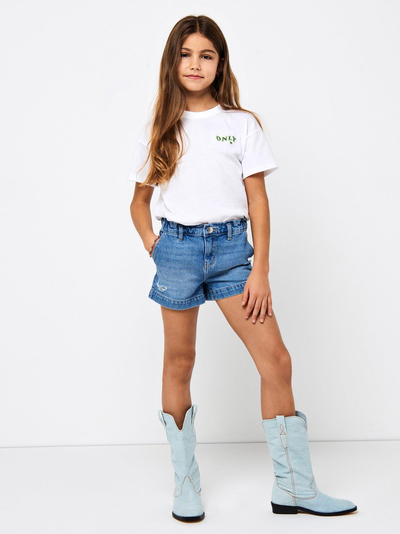 undefined Girls Comet Wide Leg Denim Shorts - Light Blue Denim