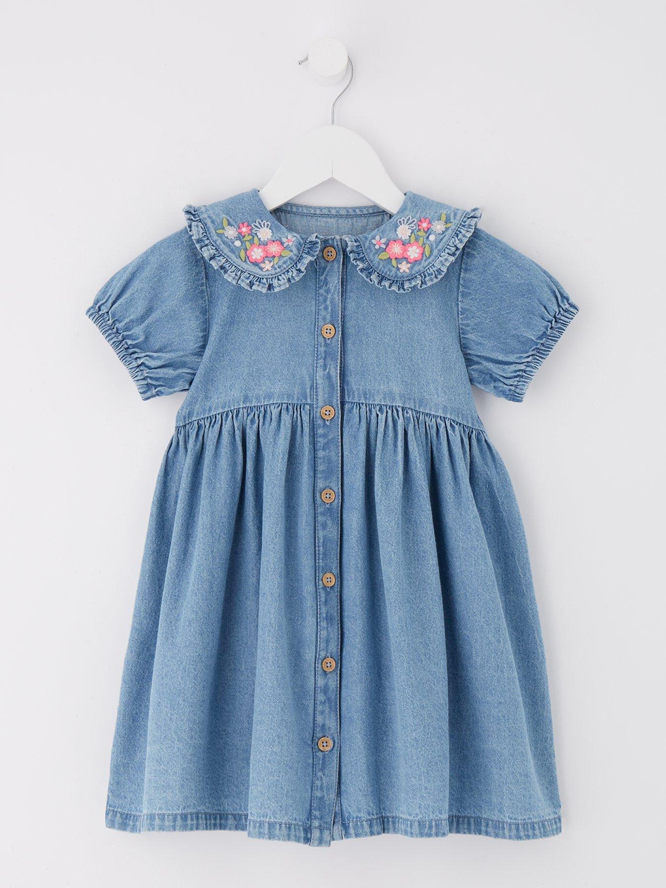 Mini V by Very Girls Denim Embroidered Collar Button Through Dress