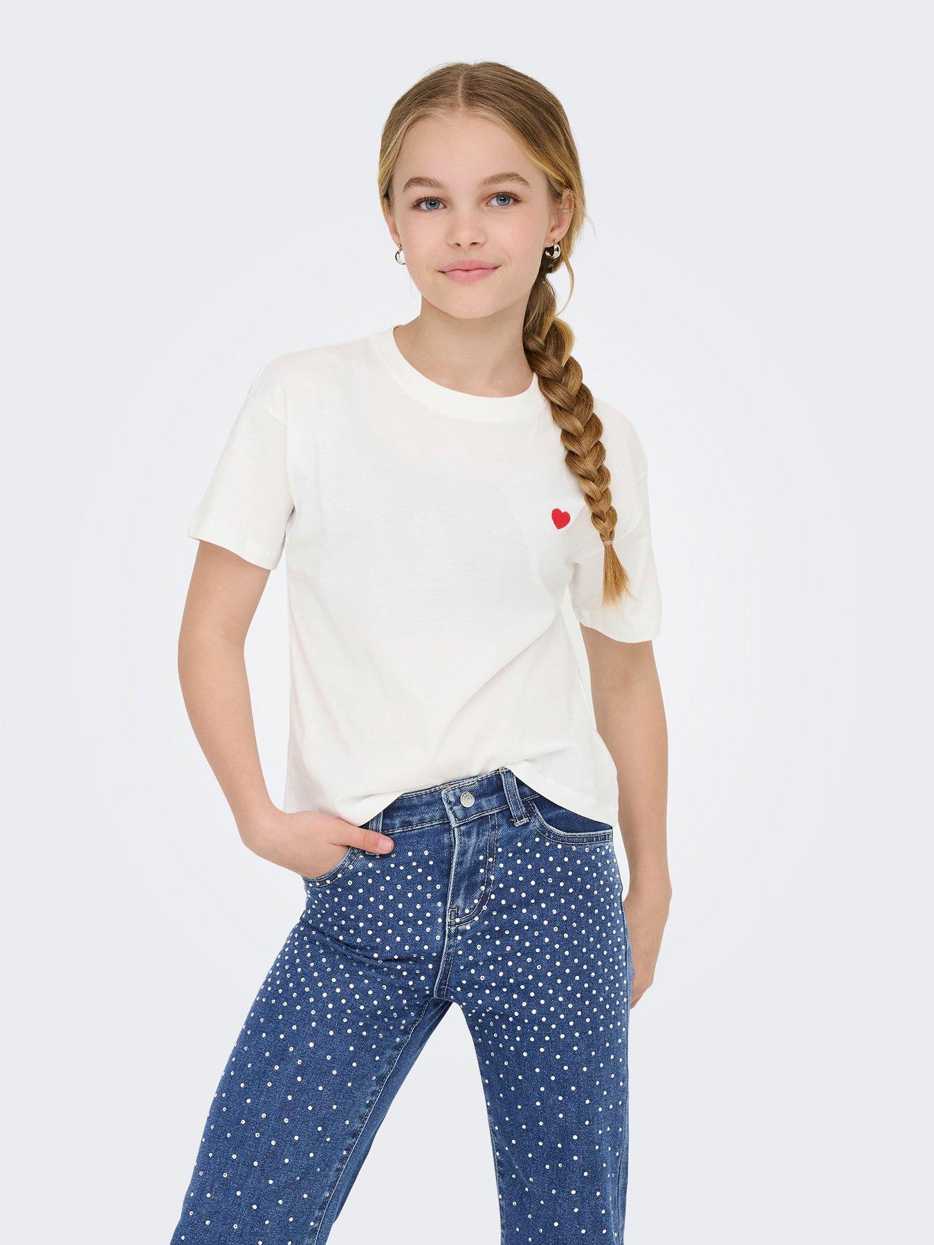 Only Kids Girls Heart Print Short Sleeve T-Shirt - White