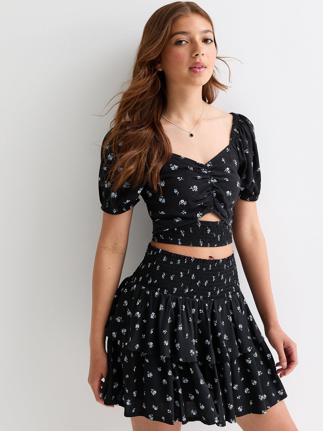 Girls Black Floral Tiered Skort