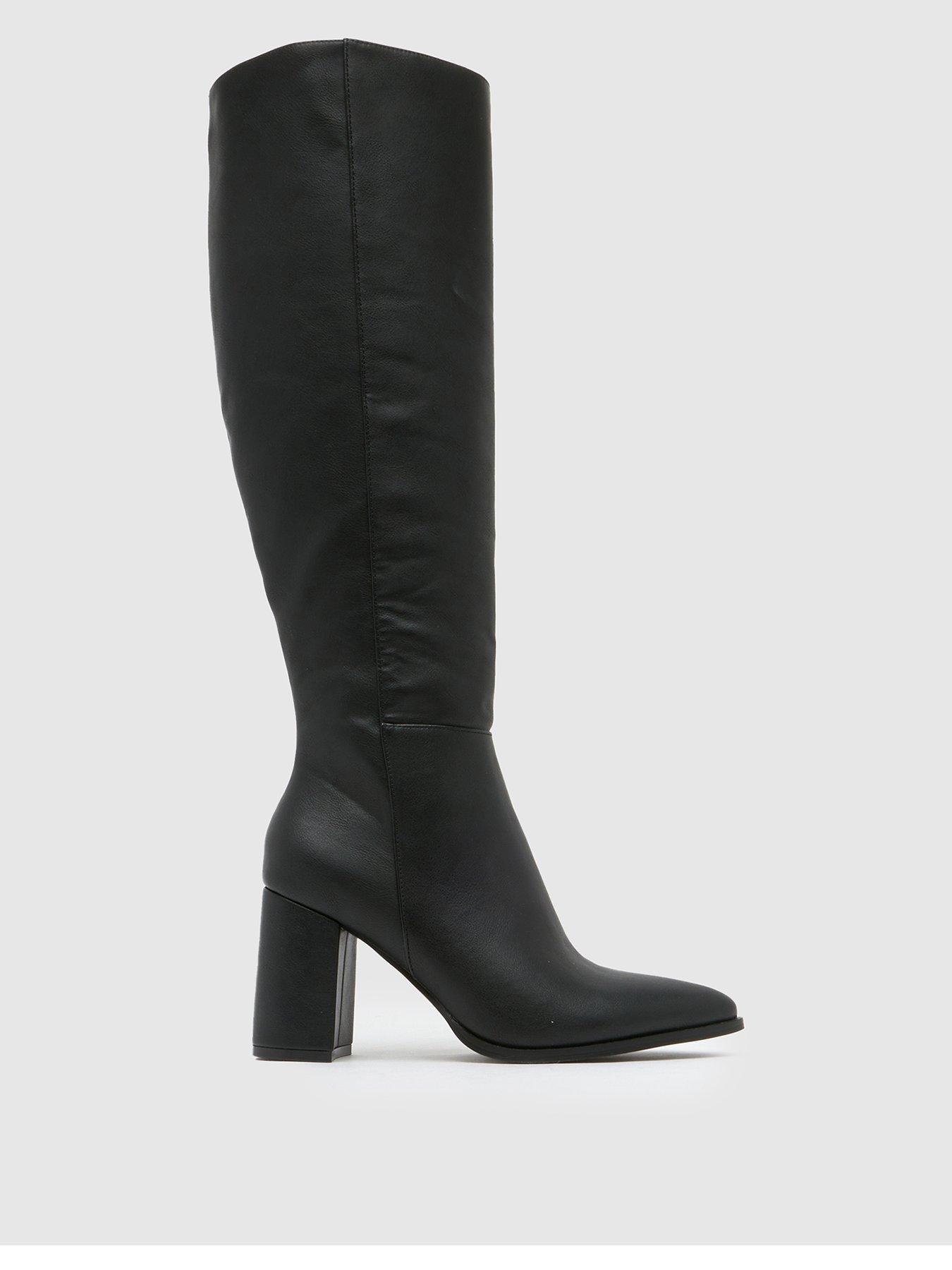 New Look Black Chunky Heel Leather look Knee High Boots Very