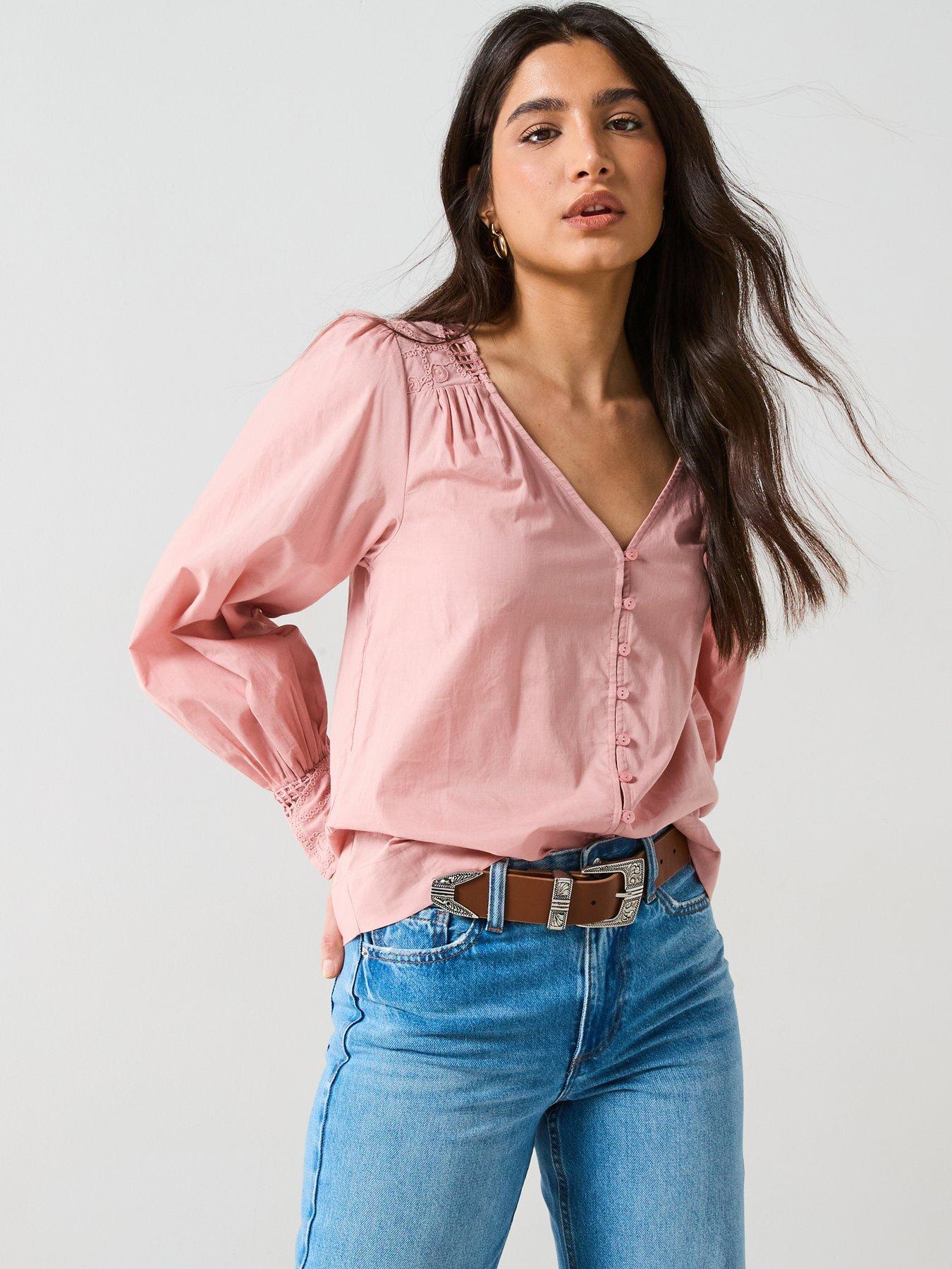 undefined Lace Yoke Blouson Blouse - Pink