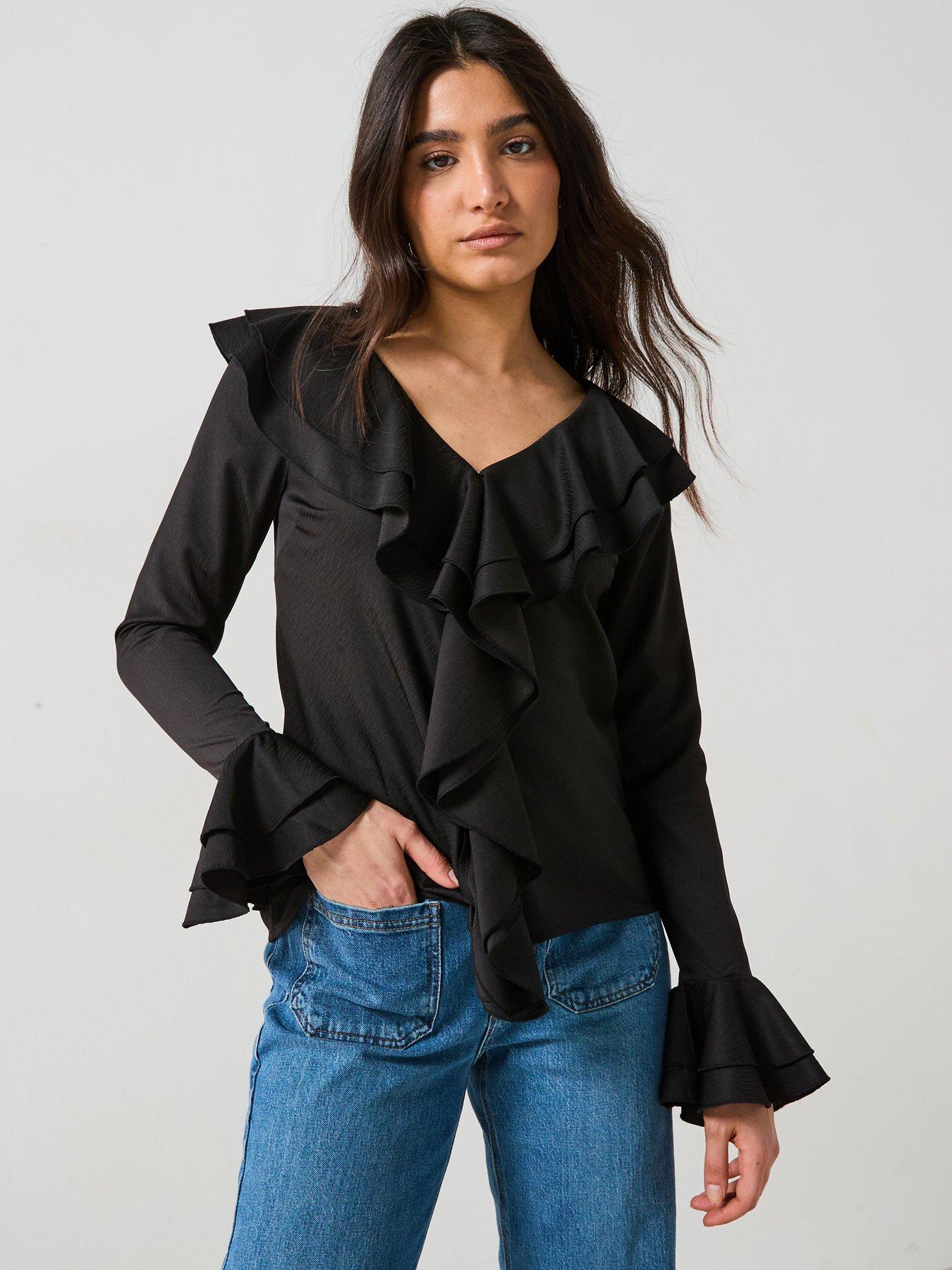 Image 1 of 5 of V by Very V Neck Ruffle Longline Blouse - Black