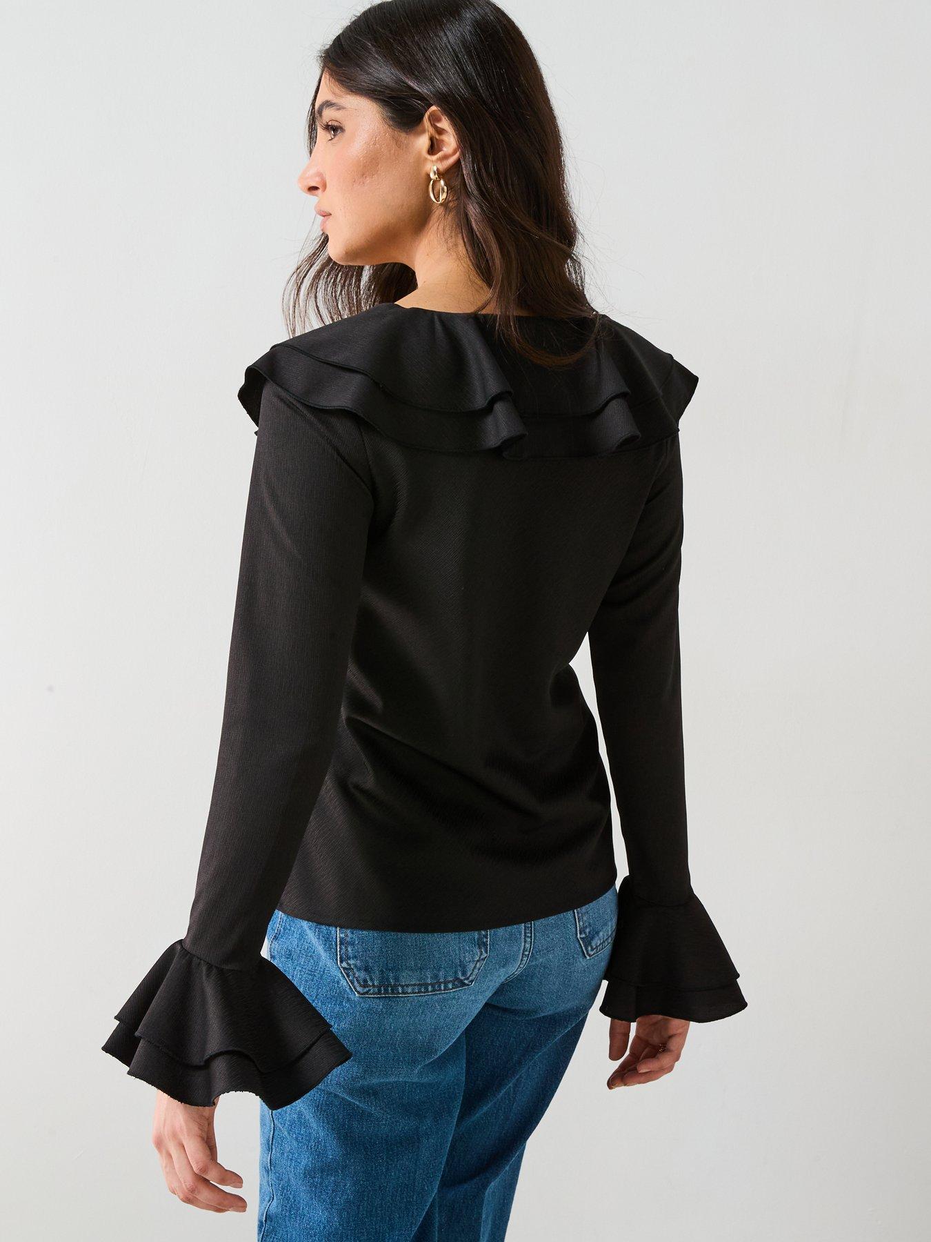 Image 2 of 5 of V by Very V Neck Ruffle Longline Blouse - Black