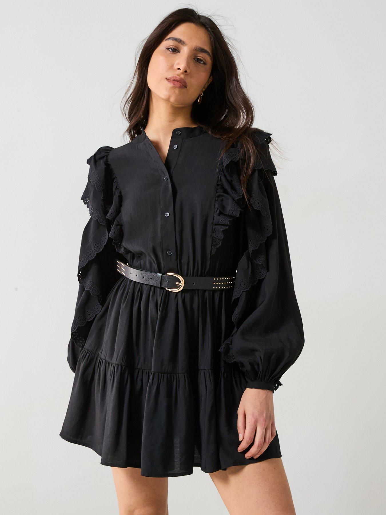 Image 1 of 6 of V by Very Broderie Ruffle Mini Skirt Dress - Black
