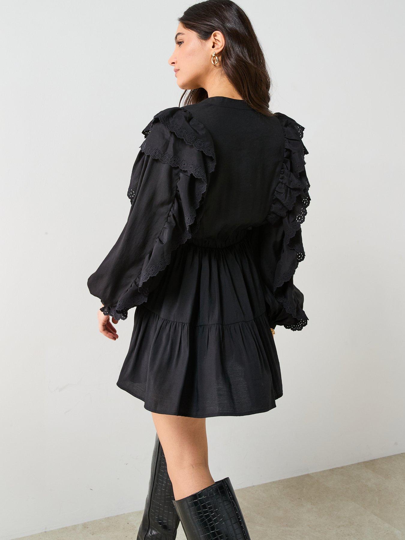 Image 2 of 6 of V by Very Broderie Ruffle Mini Skirt Dress - Black