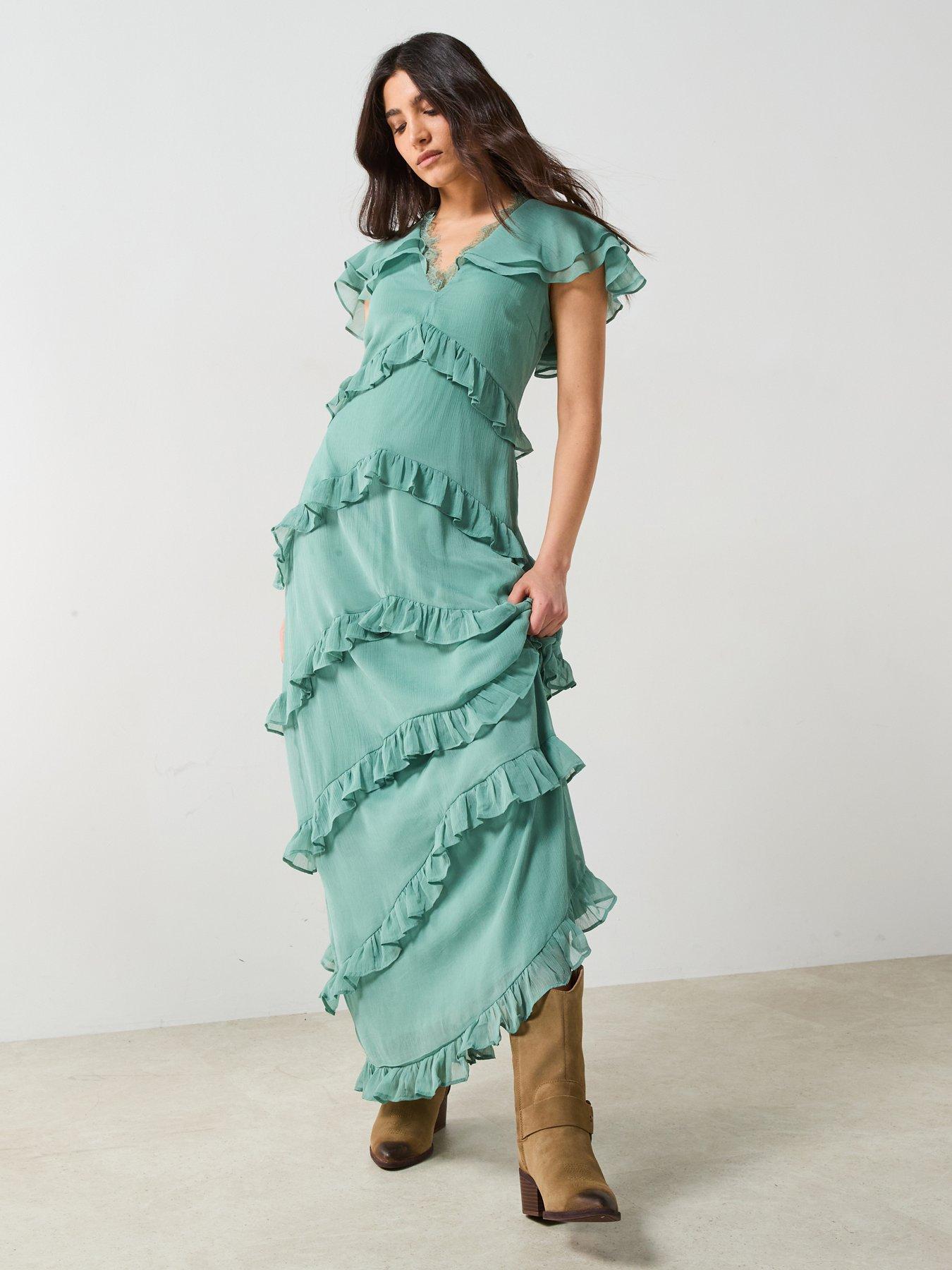 Image 1 of 6 of V by Very V Neck Ruffle Maxi Dress Green&nbsp;