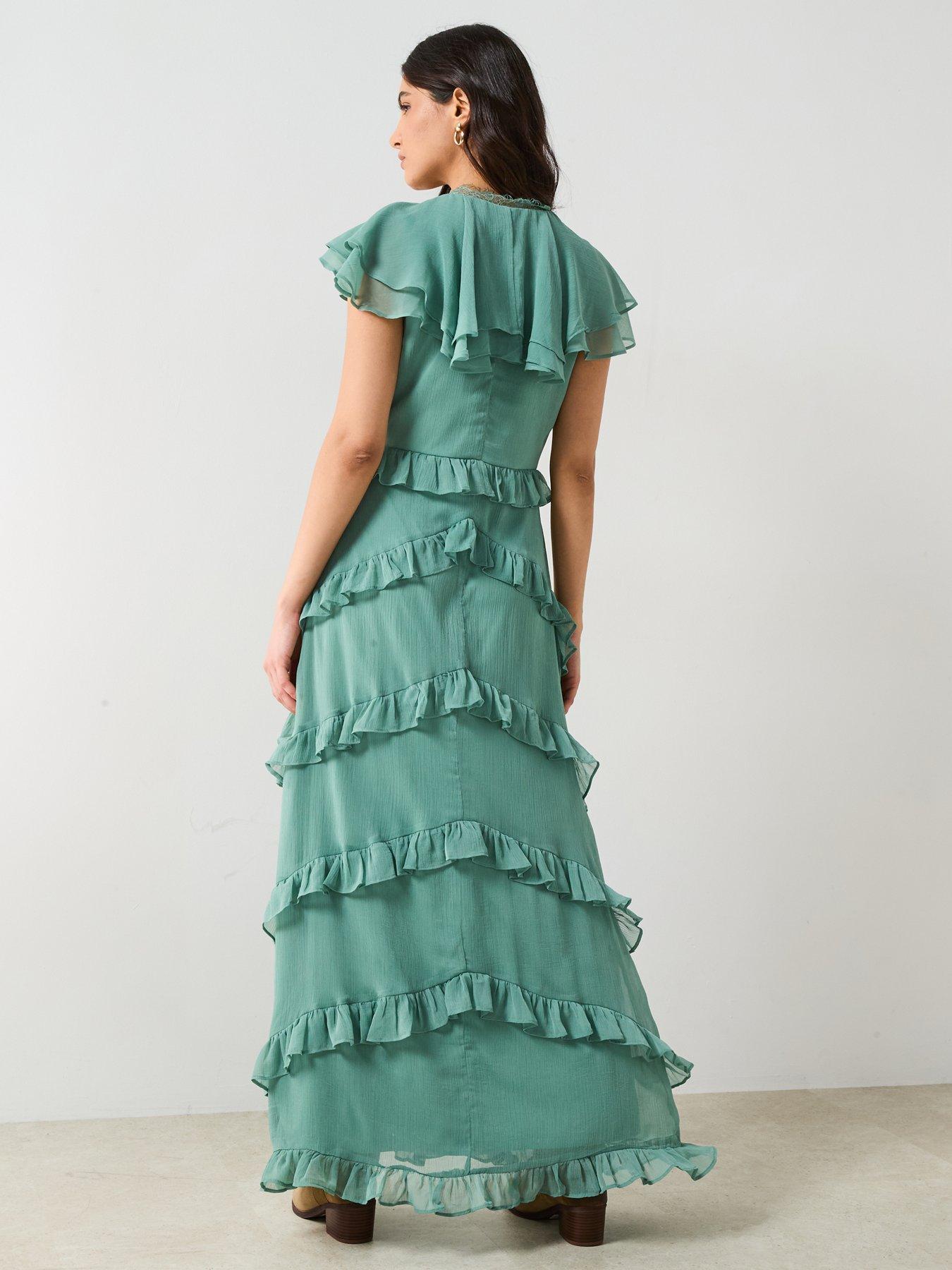 Image 2 of 6 of V by Very V Neck Ruffle Maxi Dress Green&nbsp;