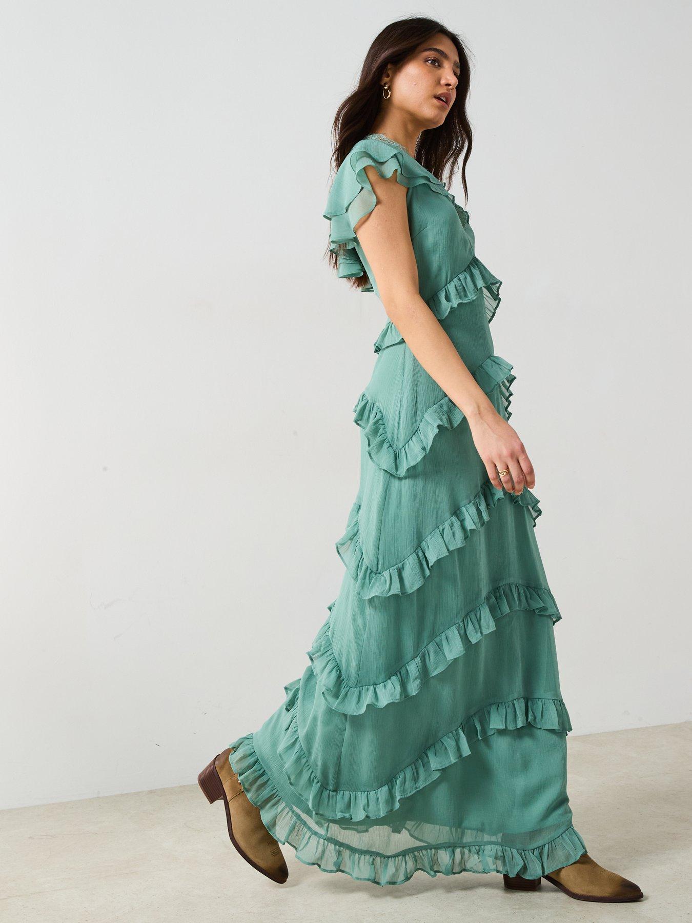 Image 3 of 6 of V by Very V Neck Ruffle Maxi Dress Green&nbsp;