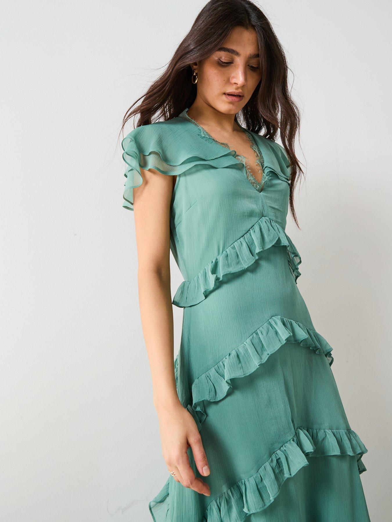 Image 4 of 6 of V by Very V Neck Ruffle Maxi Dress Green&nbsp;