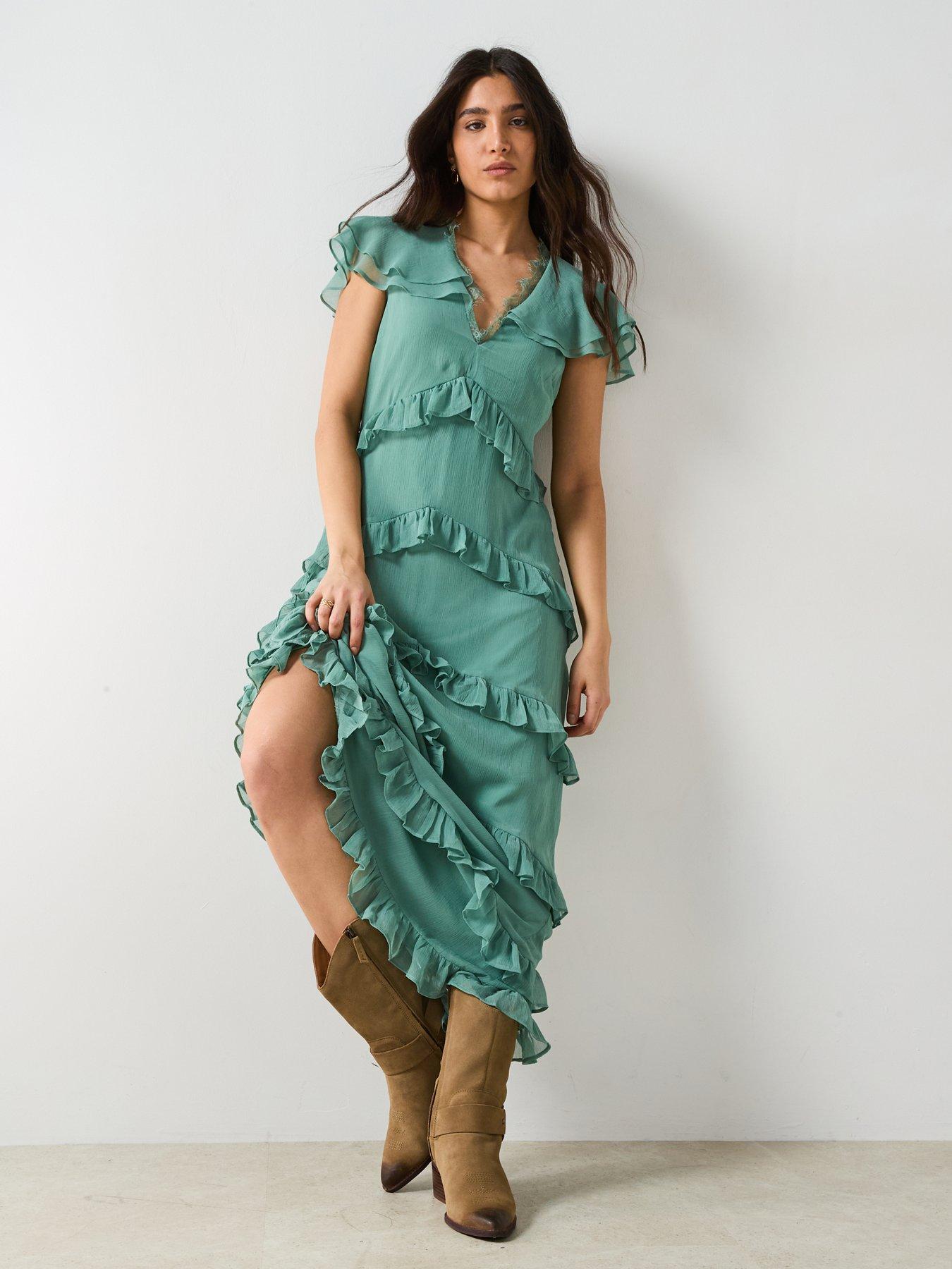 Image 5 of 6 of V by Very V Neck Ruffle Maxi Dress Green&nbsp;