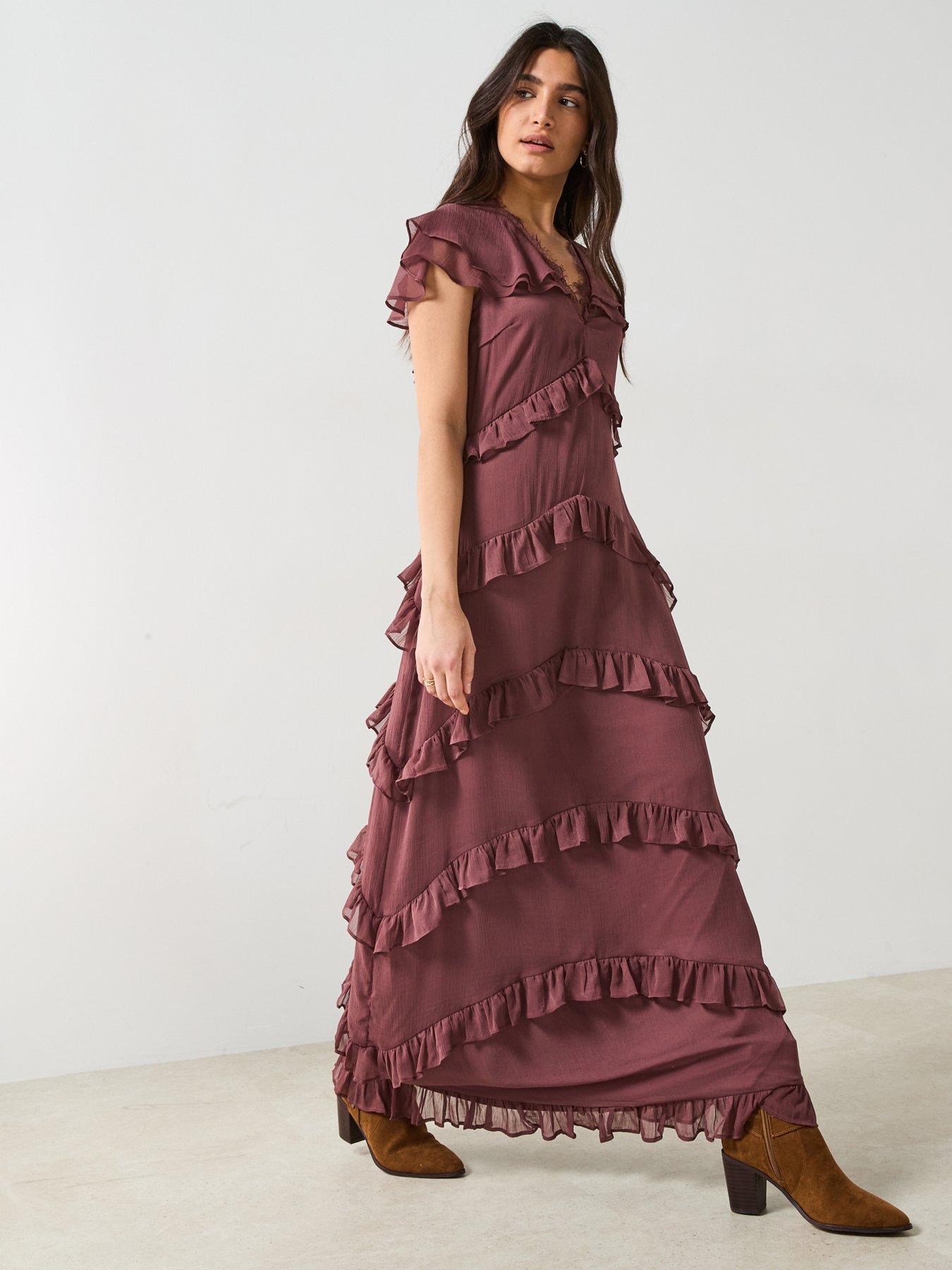 Elegant Purple V Neck Ruffled Patchwork Velvet Maxi Dresses Fall main image 0