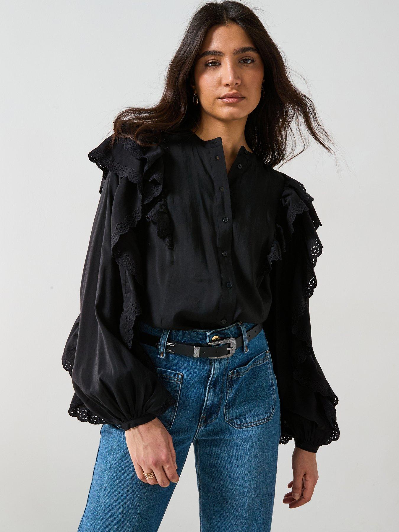 undefined Broderie Ruffle Sleeve Shirt - Black