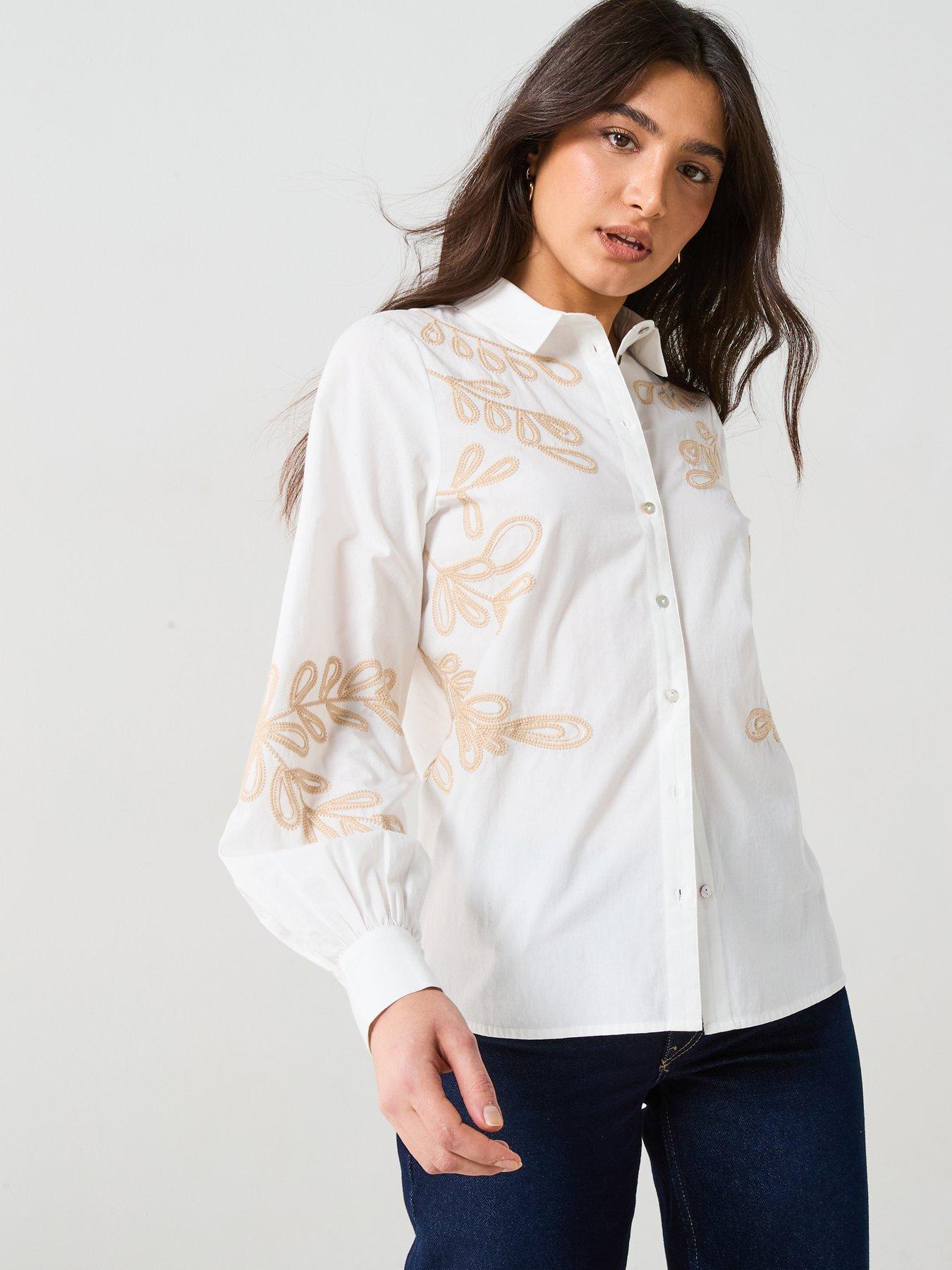 undefined Contrast Embroidered Cotton Shirt - Cream