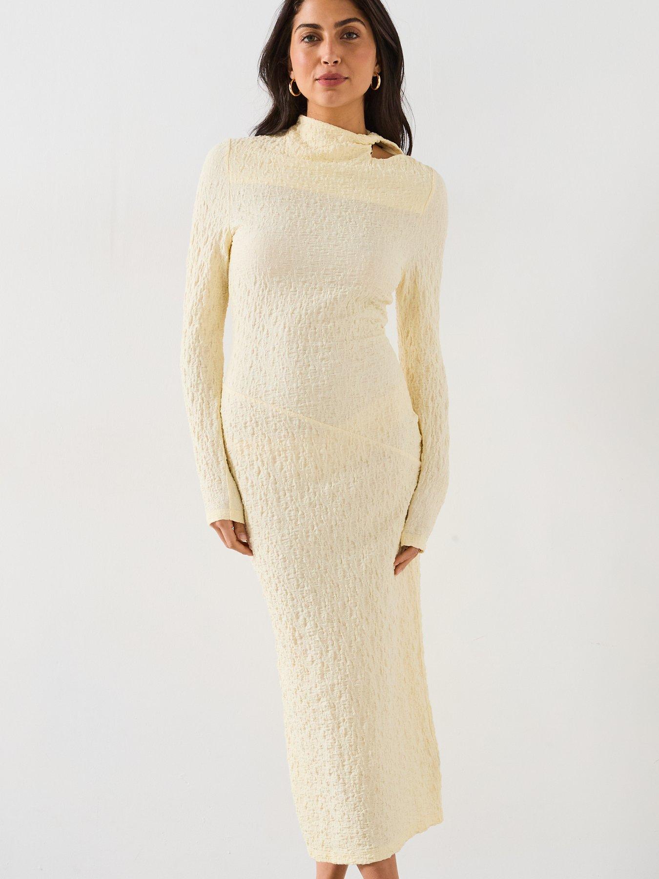 Image 3 of 6 of V by Very Textured Cut Out Bodycon Dress - Yellow
