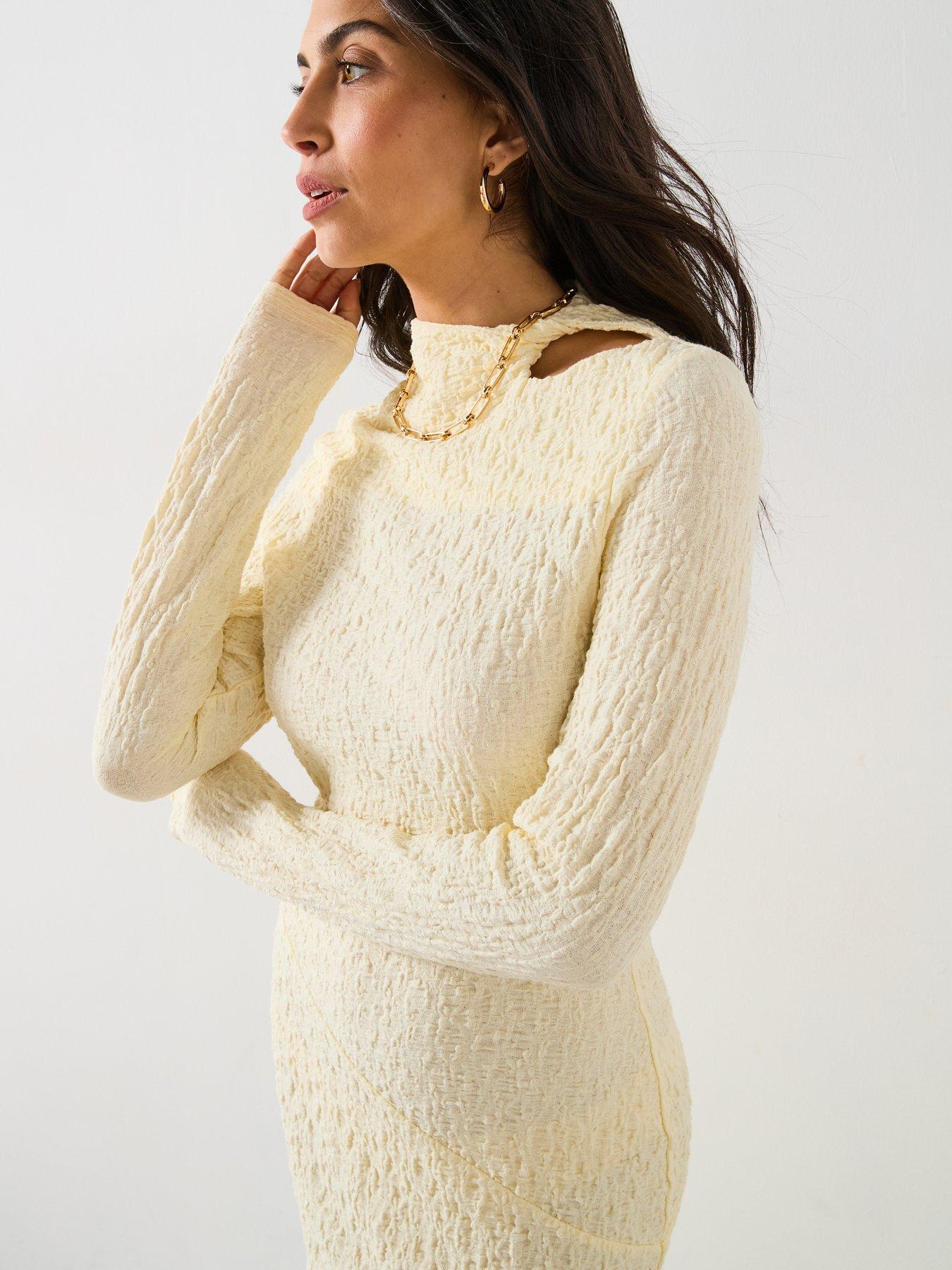 Image 4 of 6 of V by Very Textured Cut Out Bodycon Dress - Yellow