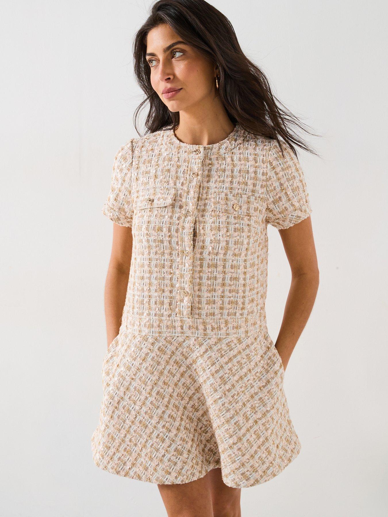 undefined Neutral Boucle Mini Dress - Gold