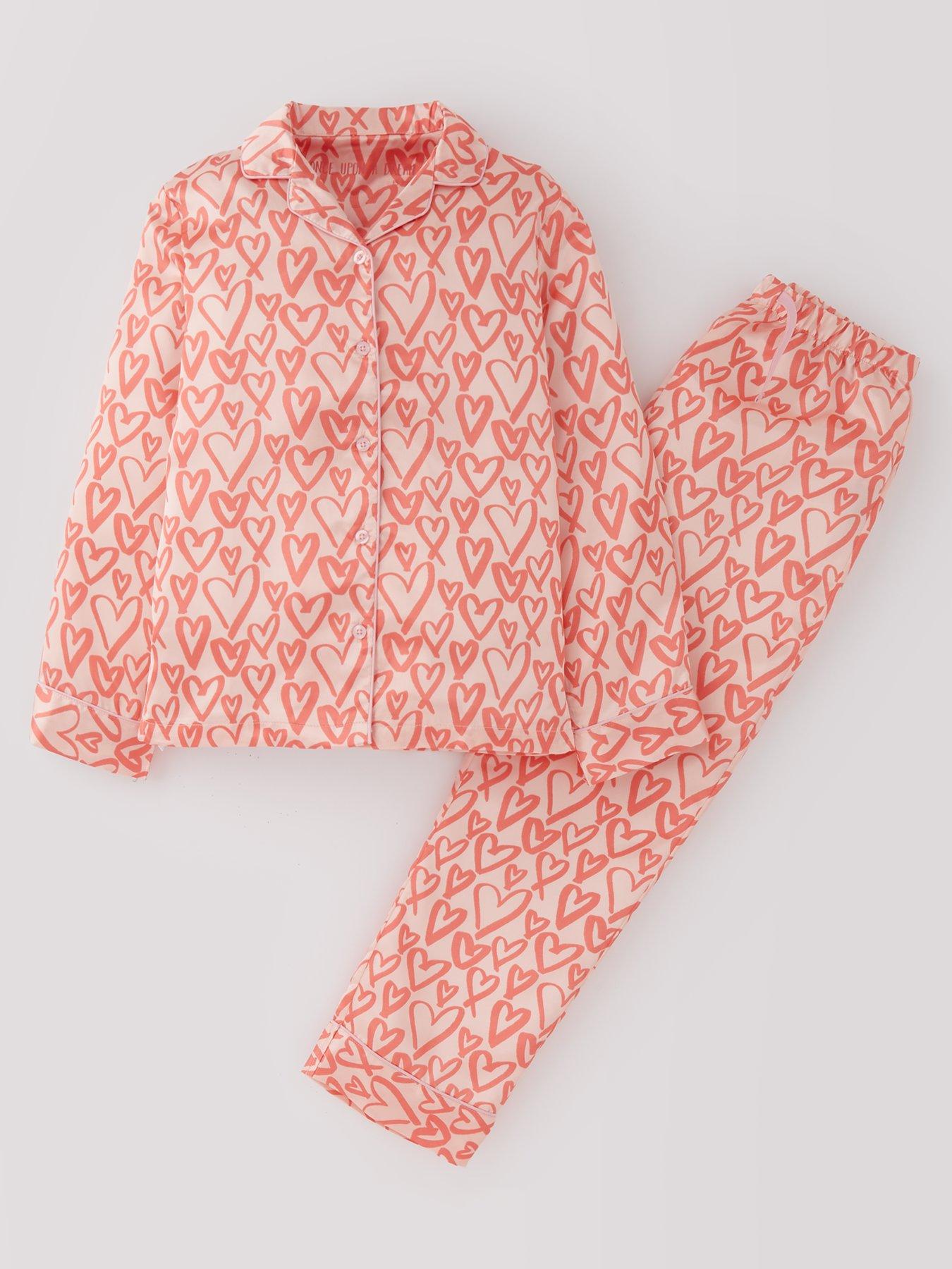 undefined Girls Satin Heart Pyjama Set - Pink