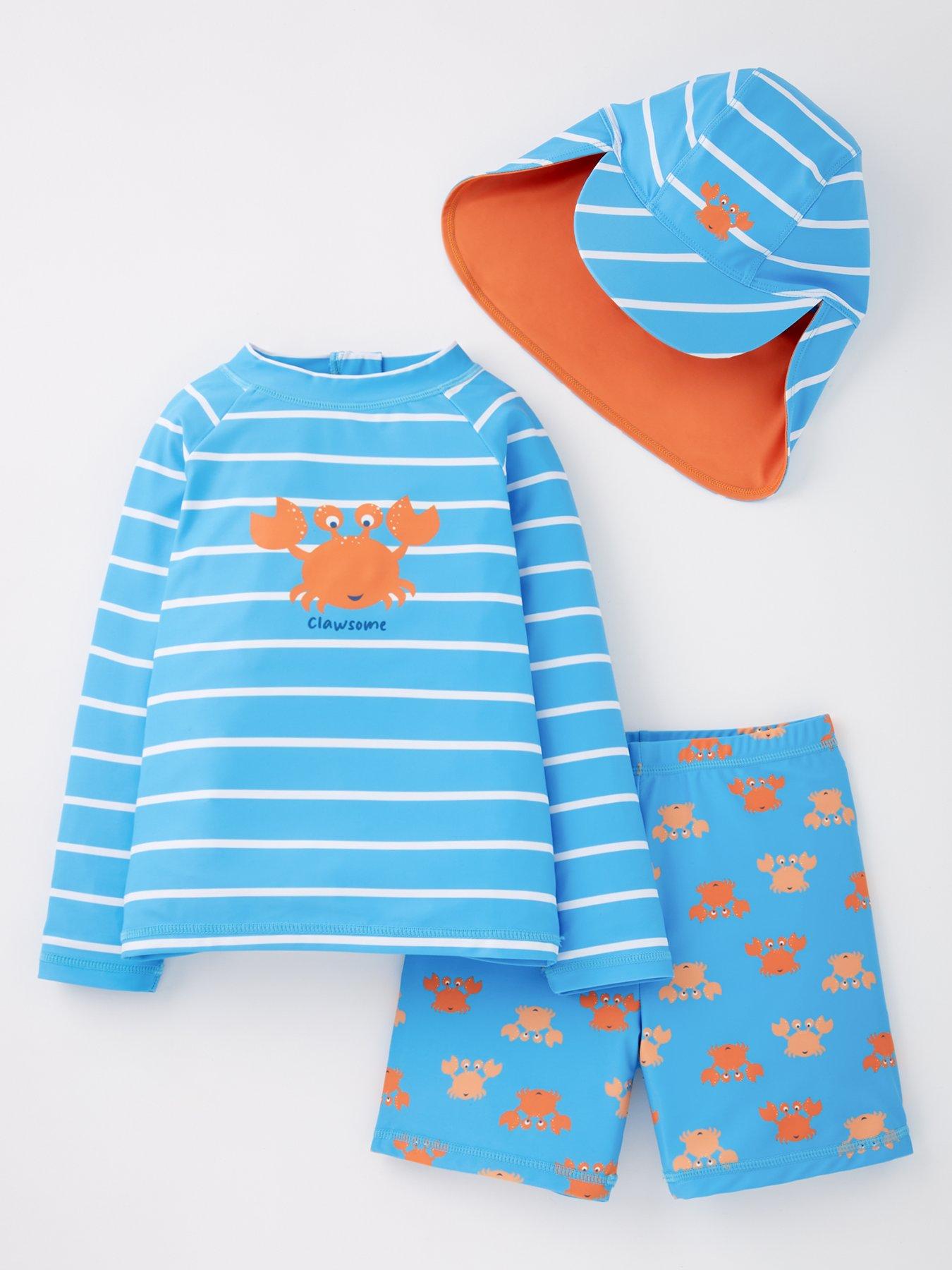 undefined Boys 3 Piece Crab Print Sunsafe Top, Short And Hat - Blue