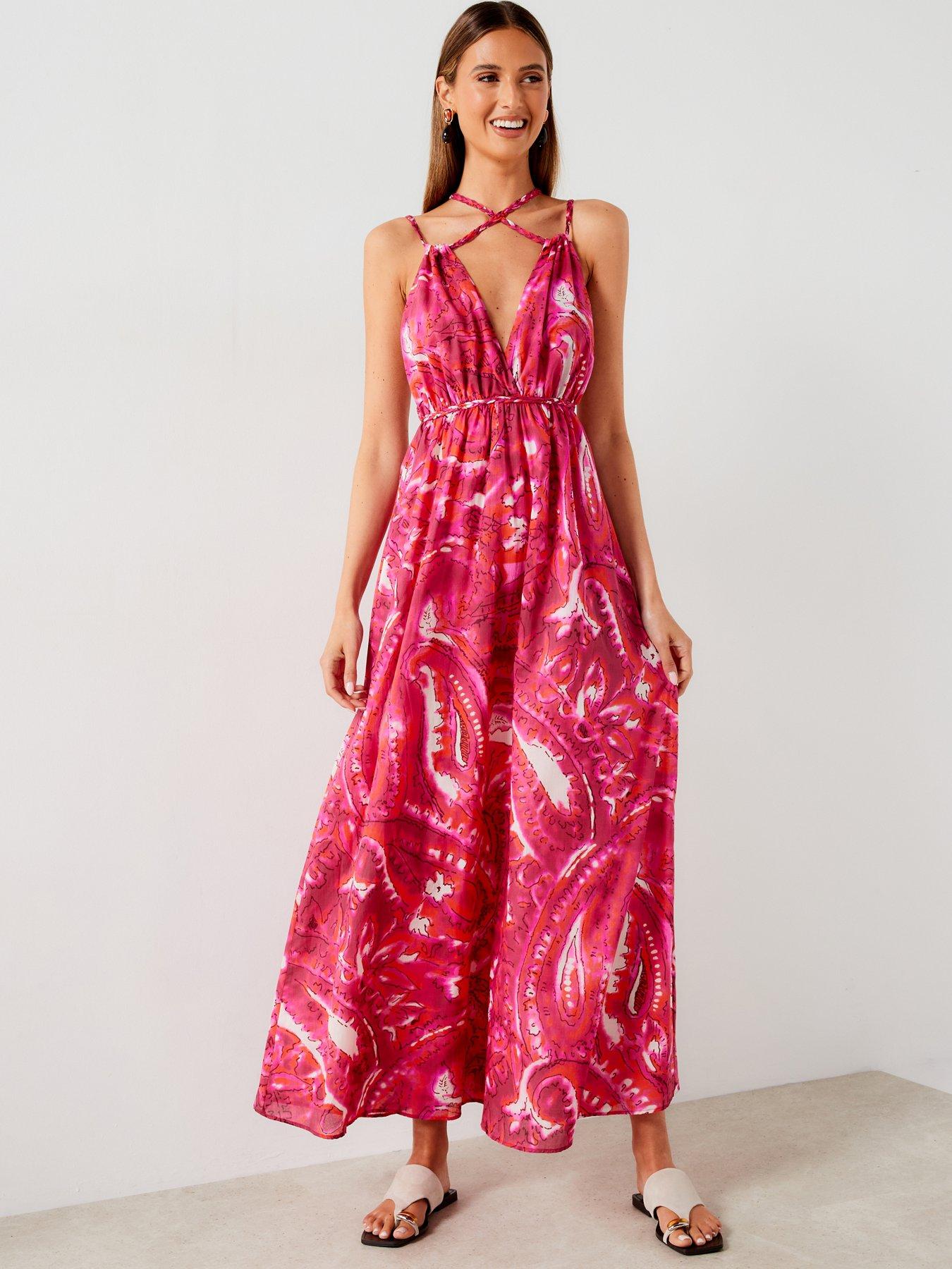 undefined Printed Cross Strap Maxi Dress - Pink