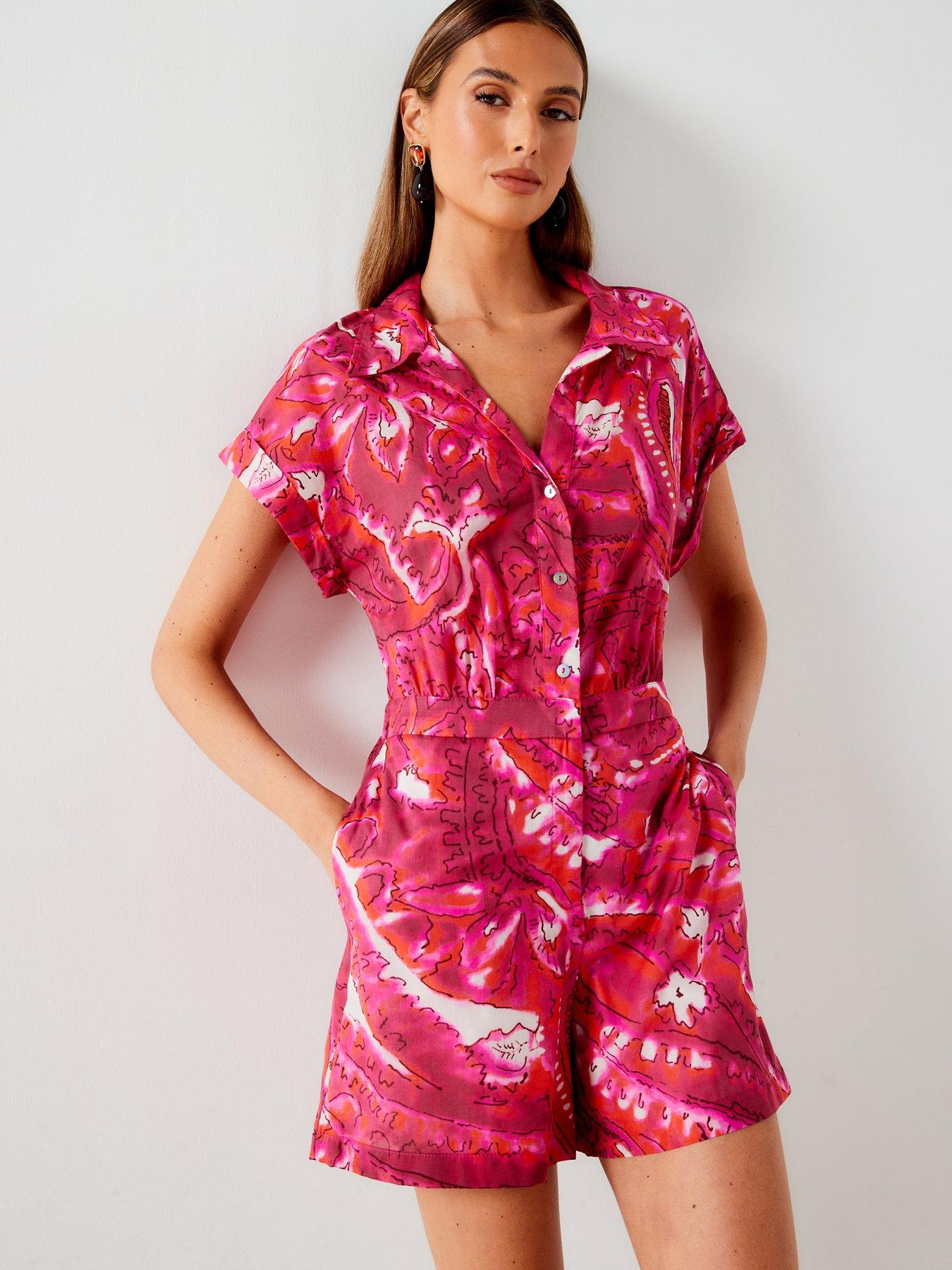 Image 1 of 6 of Mango Printed Open Collar Playsuit - Pink