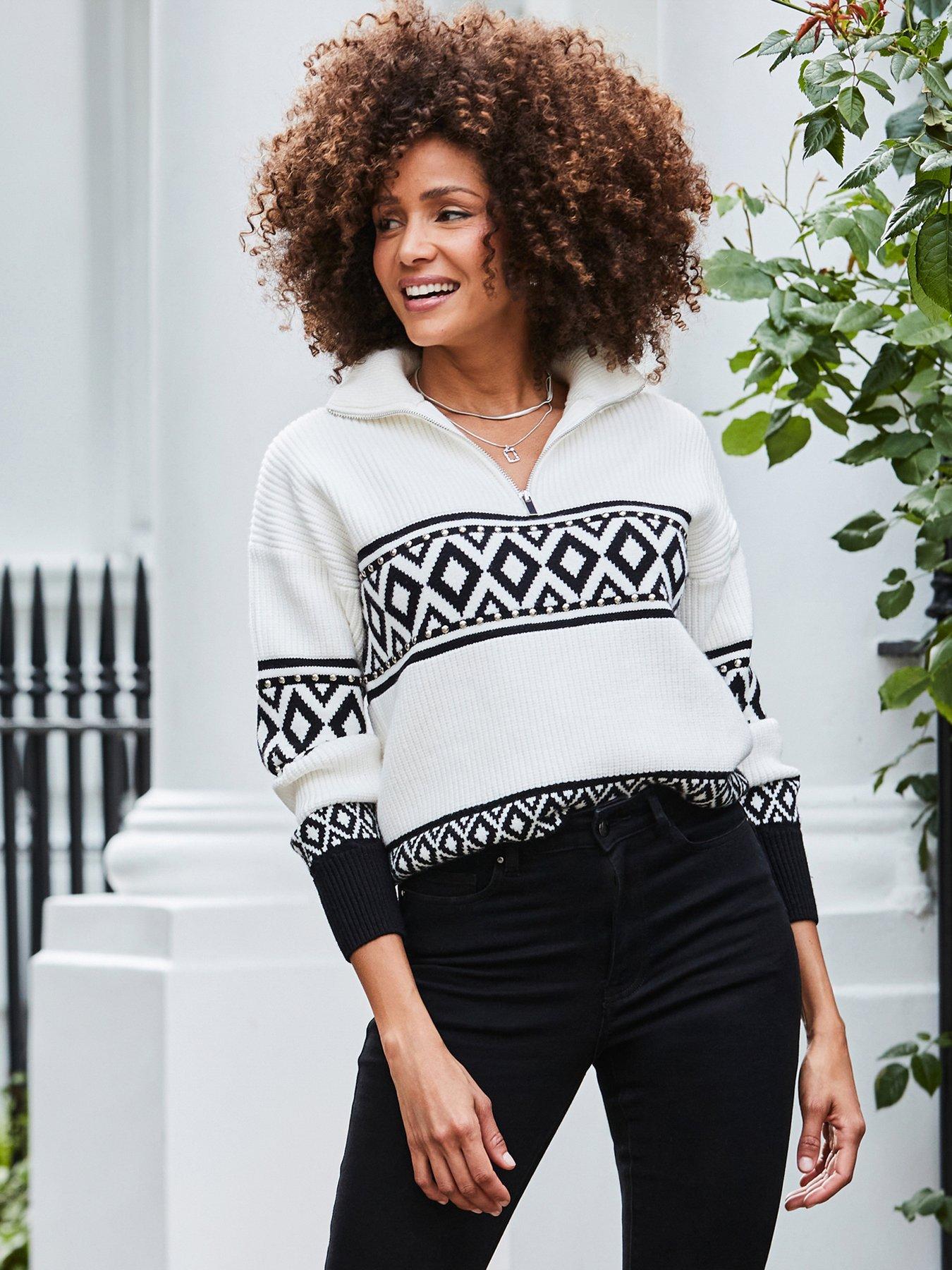 undefined Zip Neck Aztec Stud Detail Jumper - White/Black