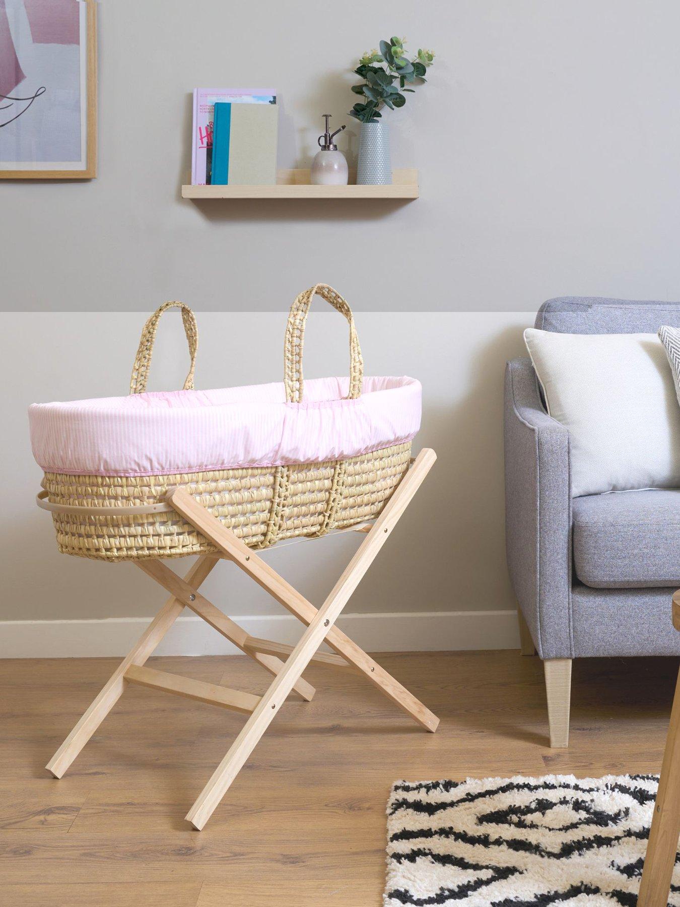 Product photograph of Clair De Lune Pink Stripe Palm Moses Basket With Stand from very.co.uk