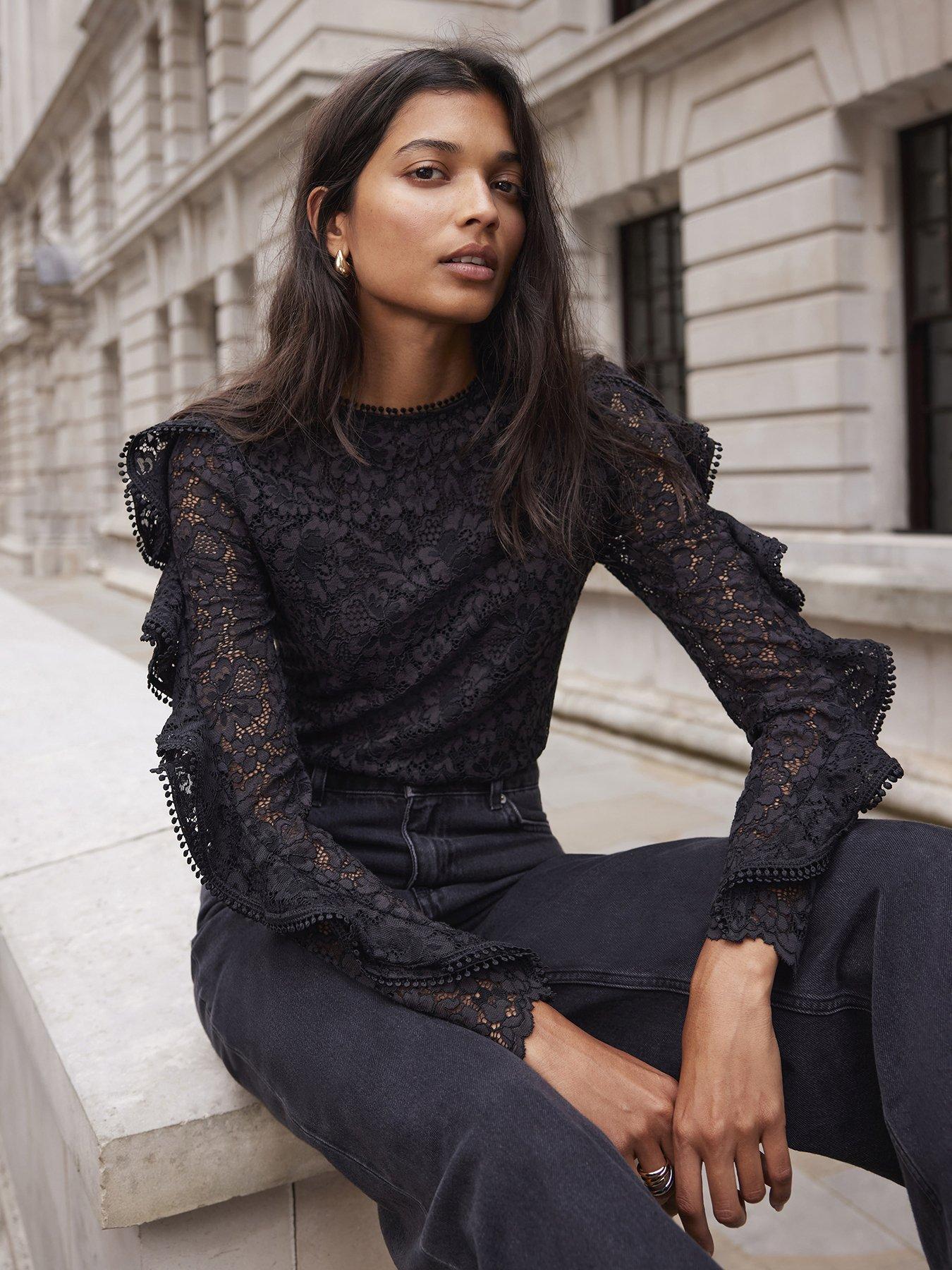 Black Lace Ruffle Top