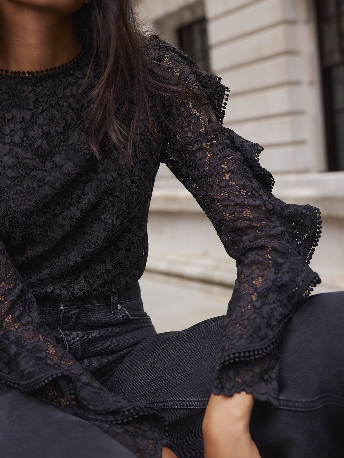 Black Lace Ruffle Top