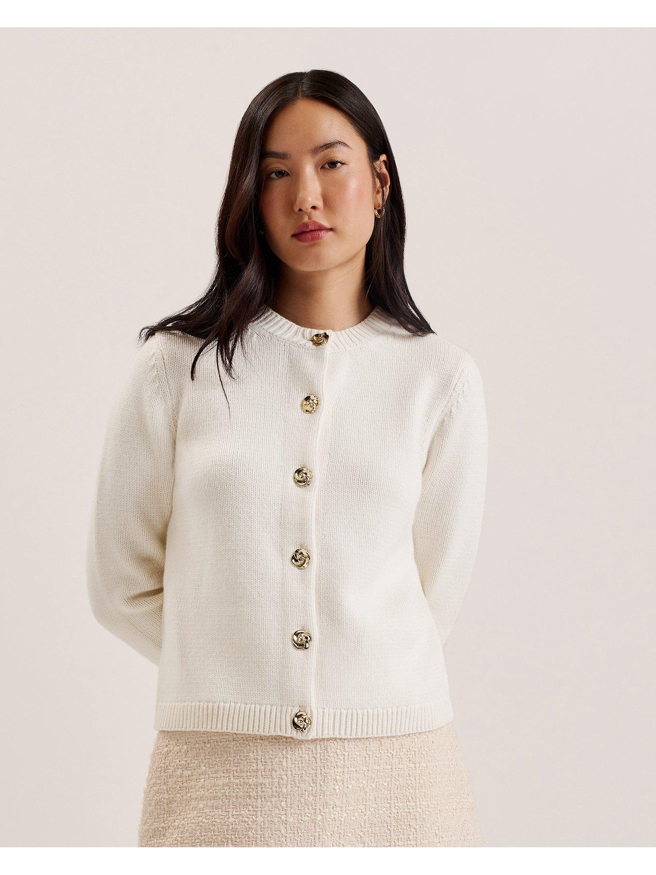undefined Jaycey Rose Button Crew Neck Cardigan - Off White