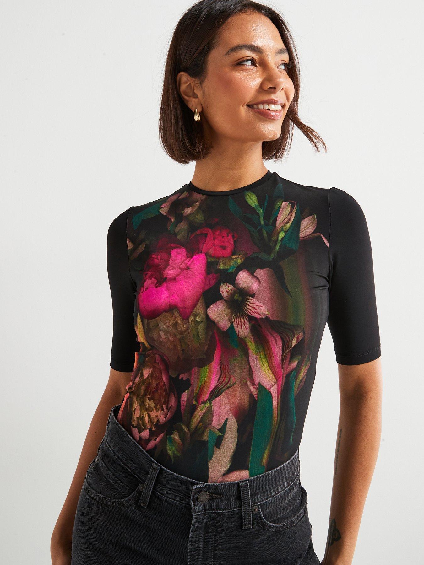 Image of Ted Baker Floene Printed Skinny Fit Top - Black