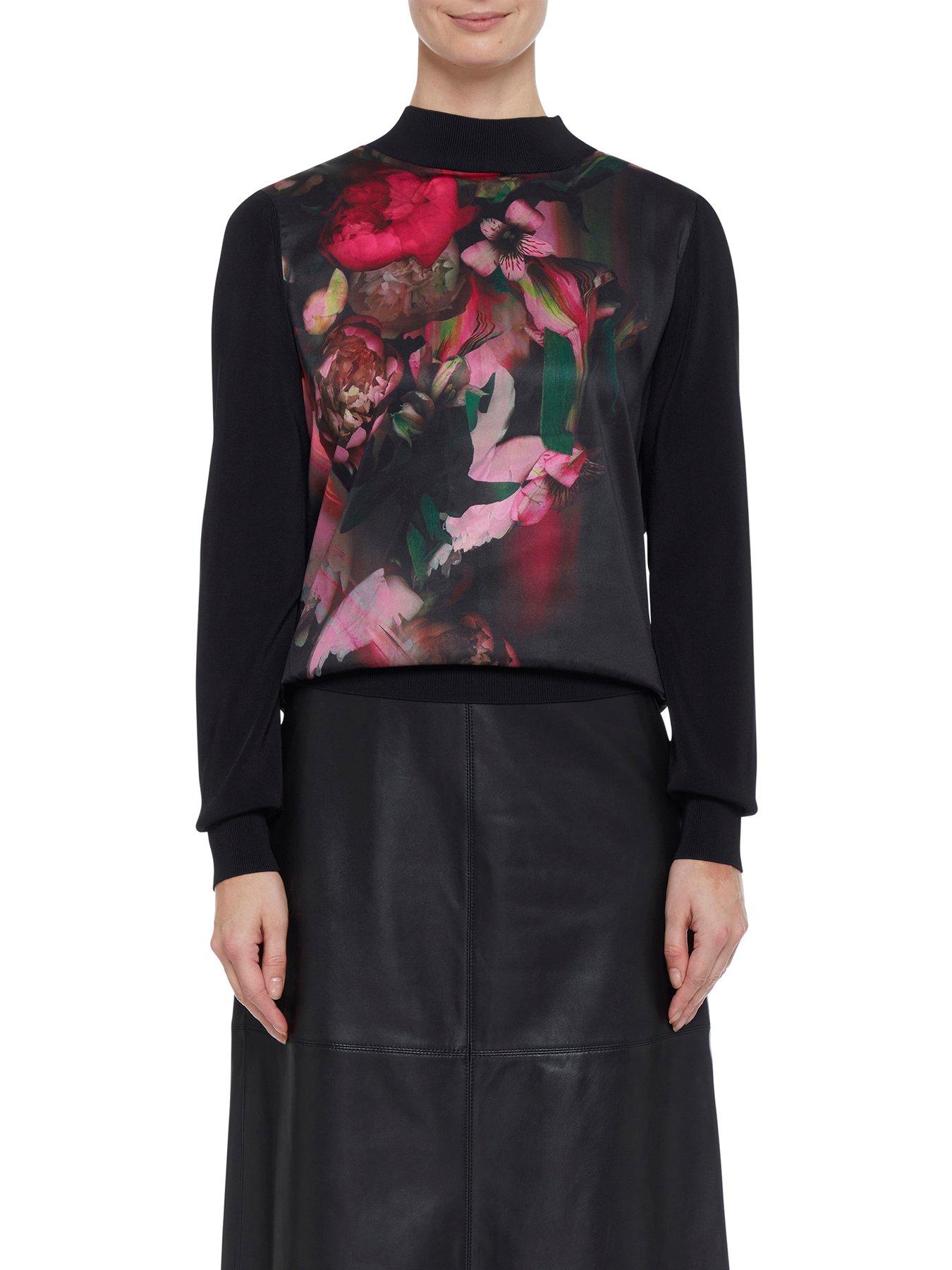 Image 1 of 2 of Ted Baker Tabithr Printed Woven Front Long Sleeve Sweater - Black