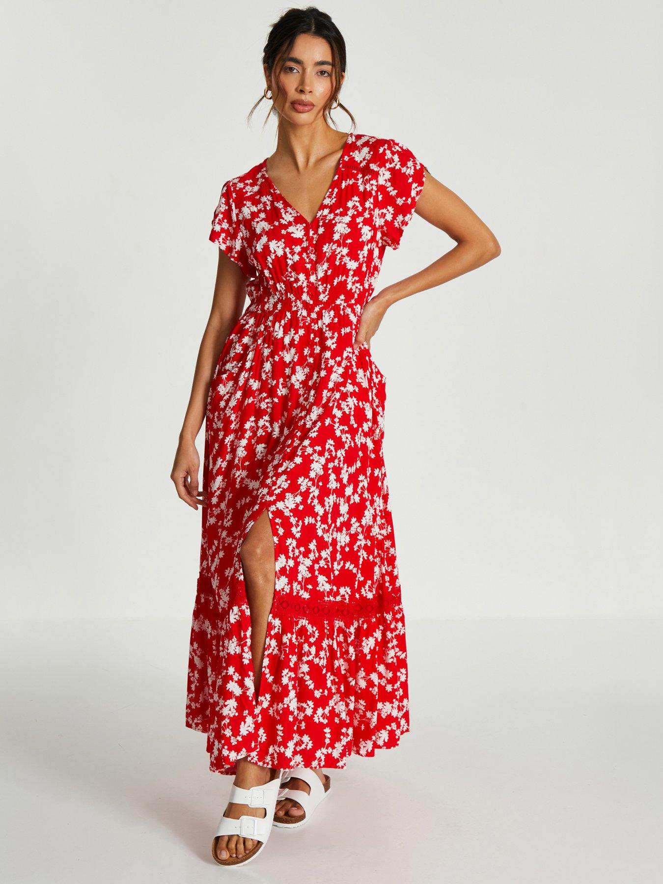 Quiz Red Ditsy Floral Crochet Trim Maxi Dress Very