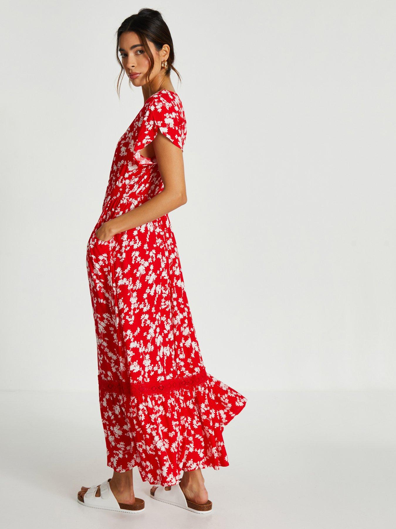 Quiz Red Ditsy Floral Crochet Trim Maxi Dress Very