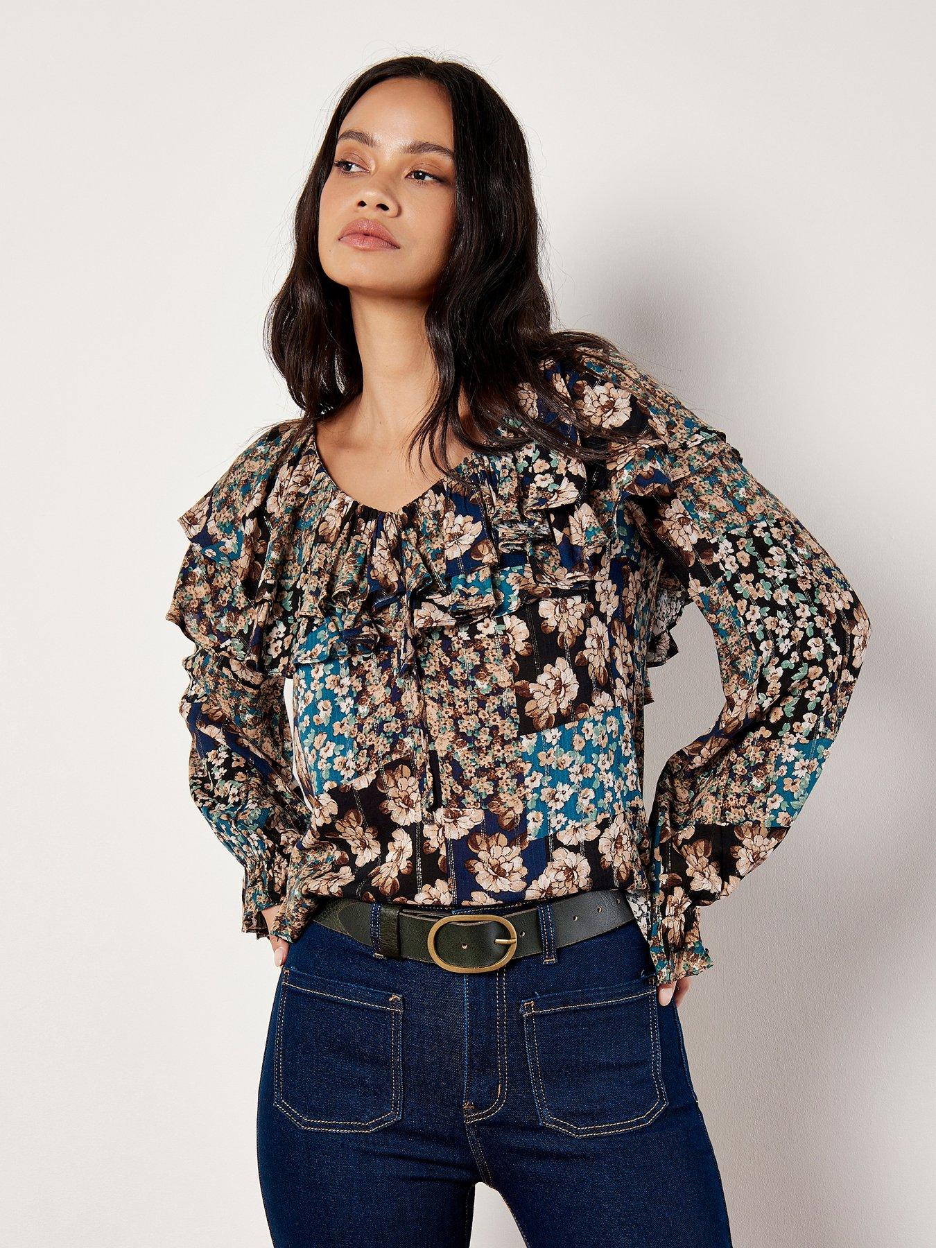 Image 1 of 4 of Apricot Patchwork Floral Ruffle Collar Blouse