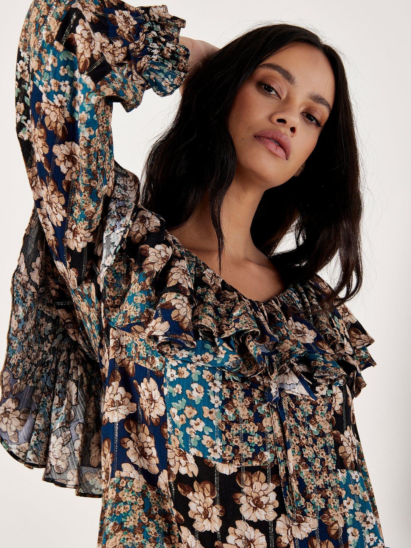 Image 2 of 4 of Apricot Patchwork Floral Ruffle Collar Blouse