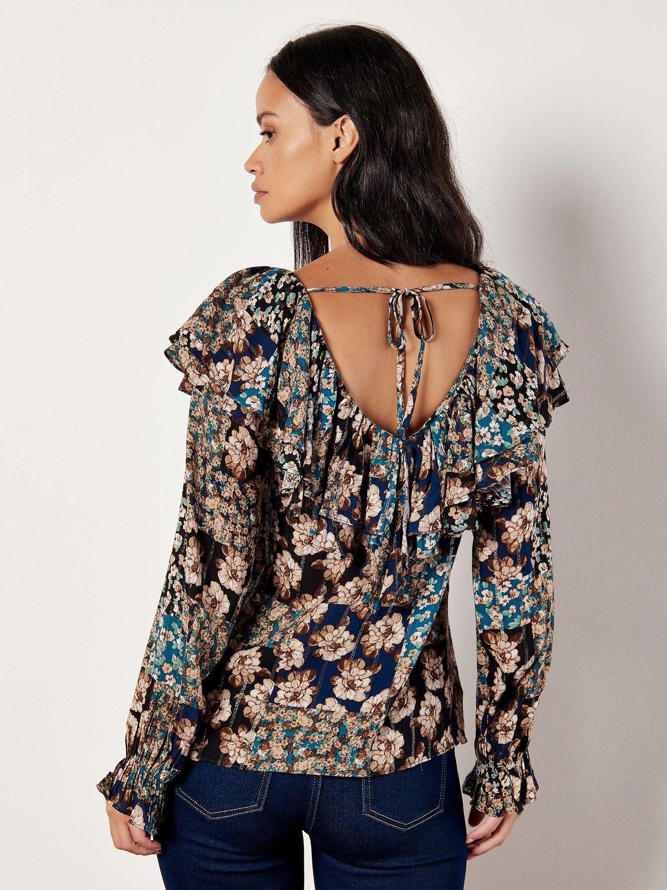 Image 4 of 4 of Apricot Patchwork Floral Ruffle Collar Blouse
