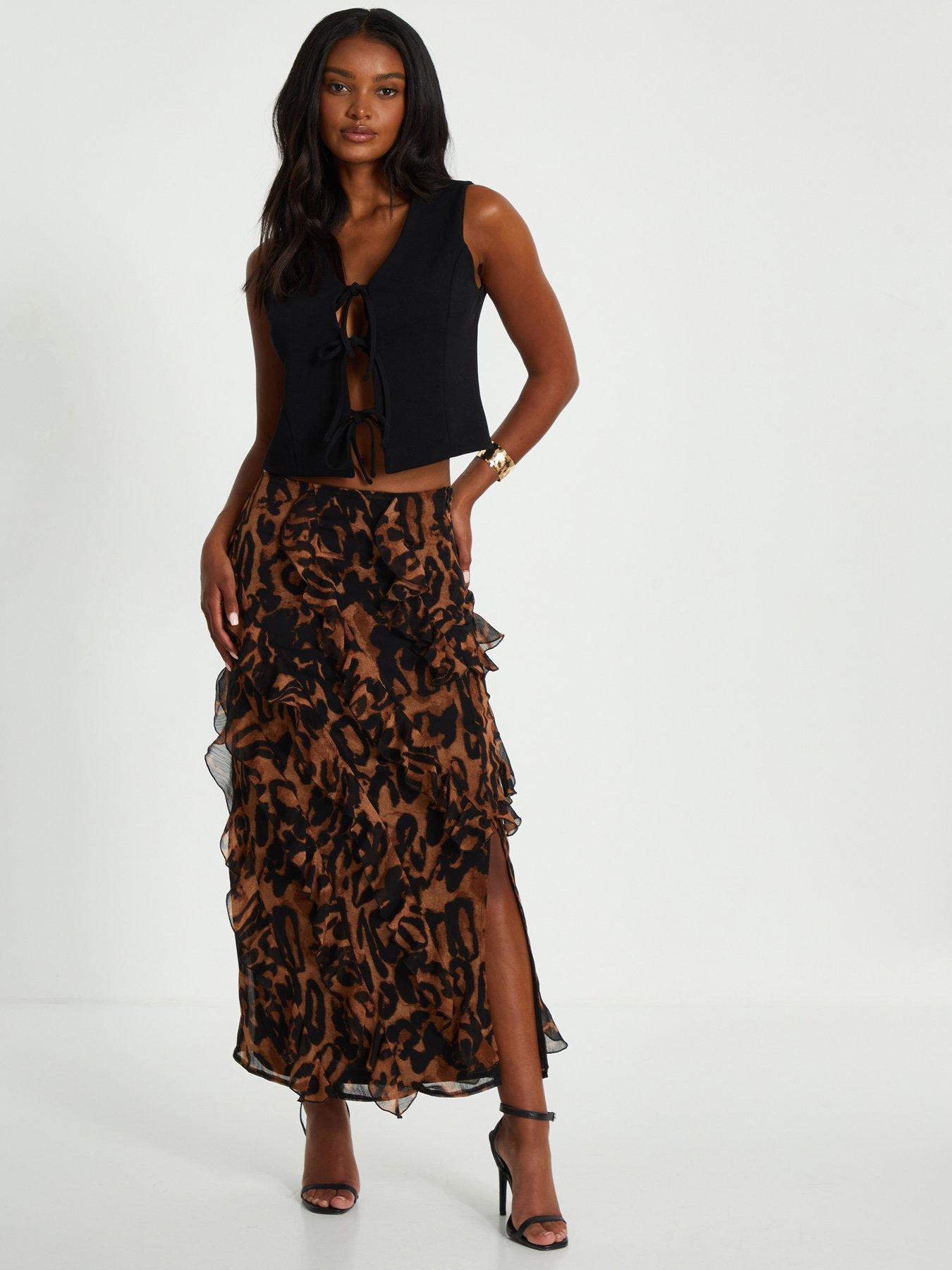 Quiz Brown Leopard Print Asymmetric Frill Maxi Skirt