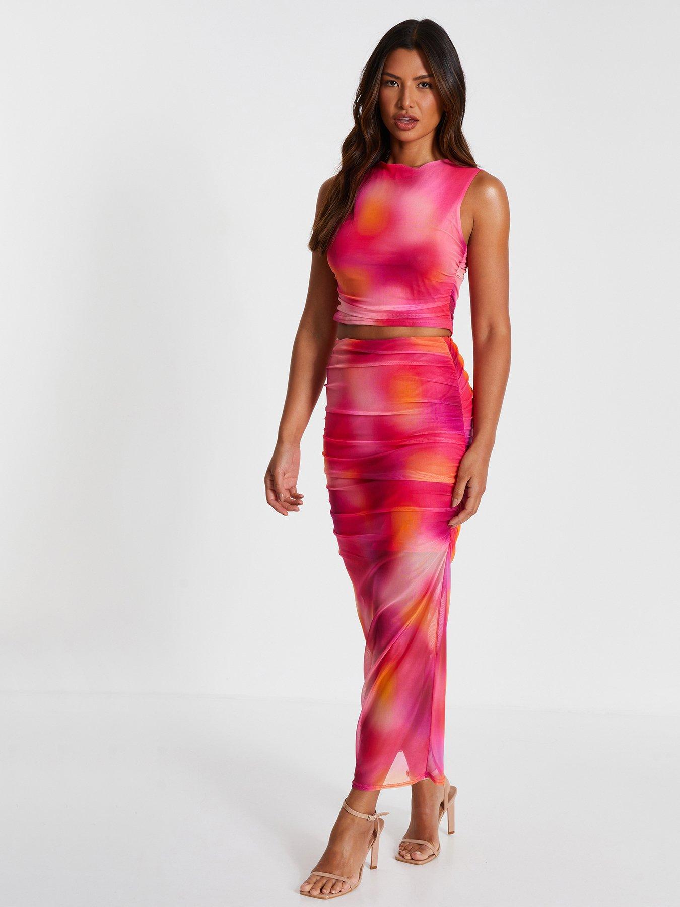 Quiz Pink Mesh Ombre Print Midaxi Skirt Very