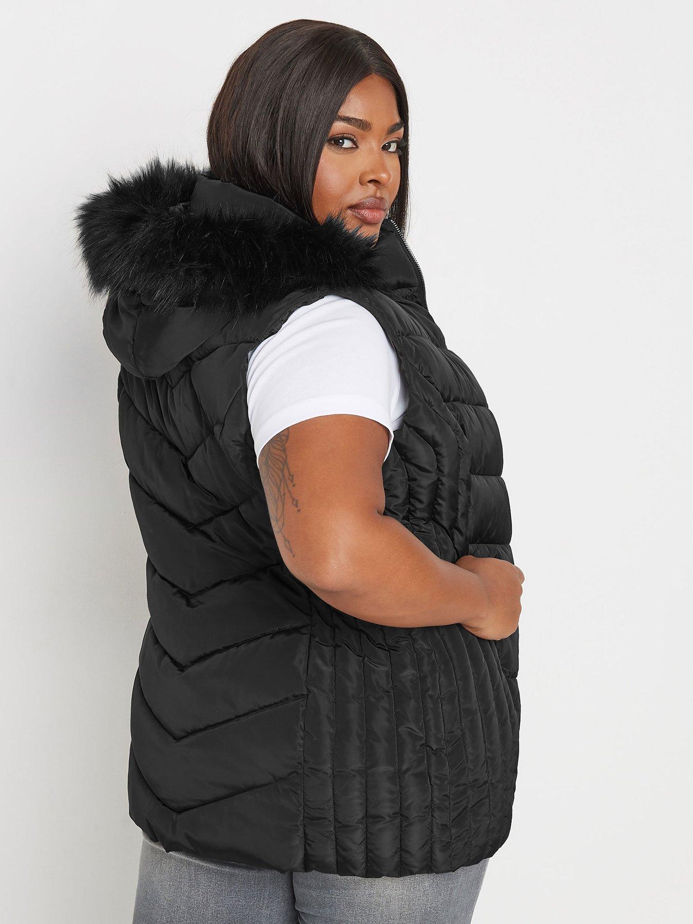 Yours Curve Short Fur Trim Padded Coat Black Very
