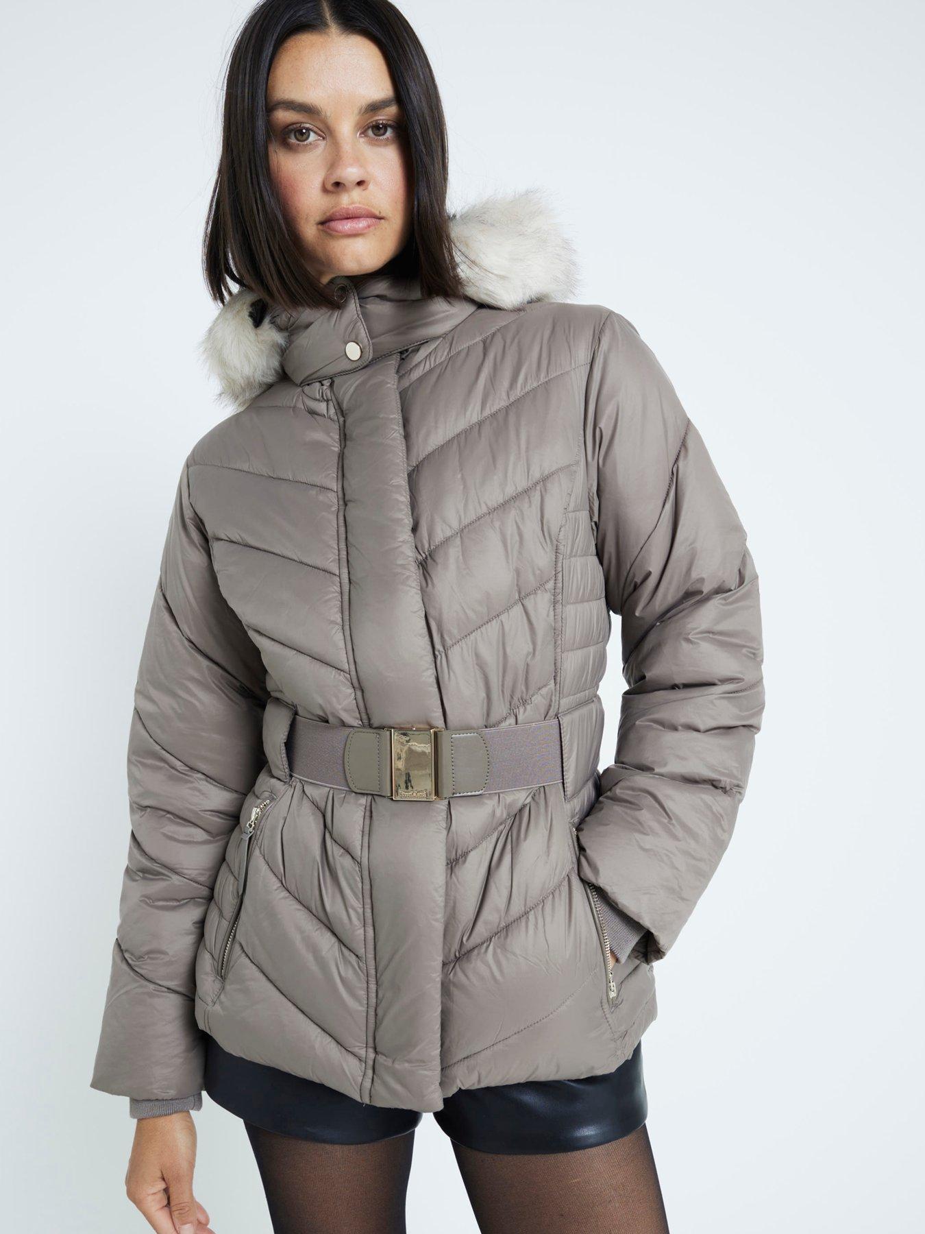 Veste Femme River Island Carmel Beige - Taille 8 - Col Fourrure Amovible - Neuf Sans étiquettes