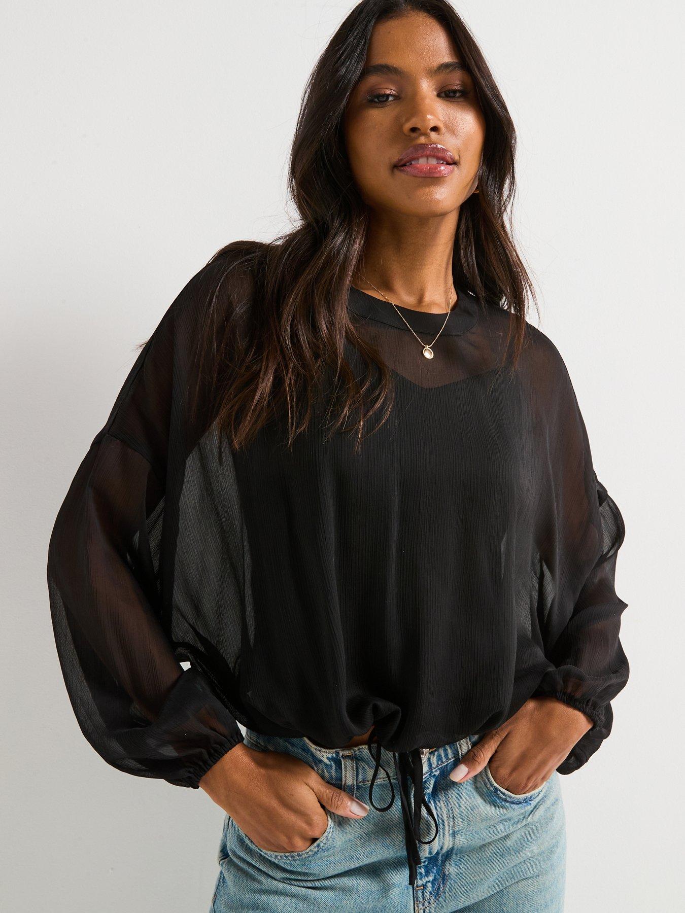 undefined Tie Hem Long Sleeve Shell Blouse - Black