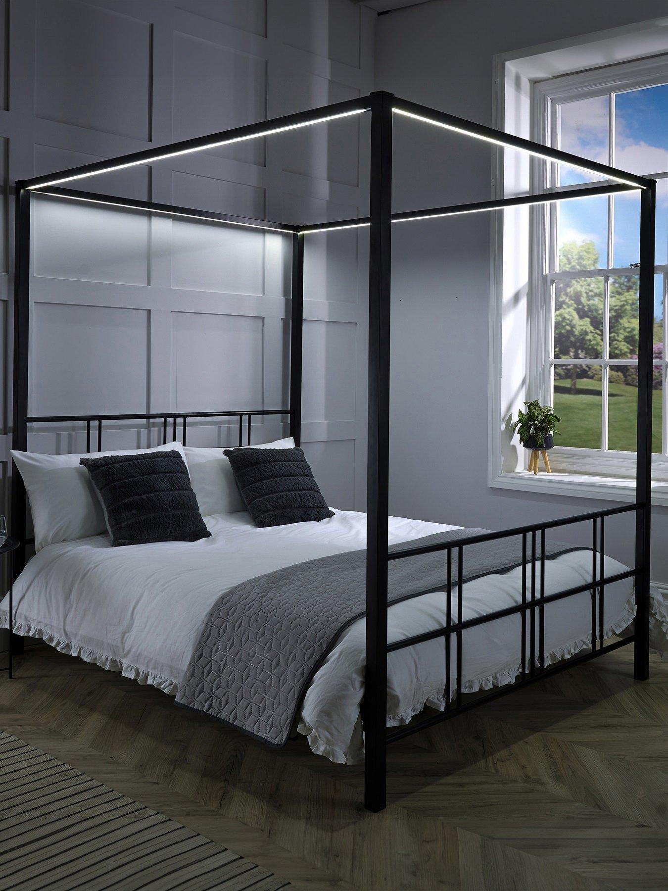 Product photograph of Xr Living Fern Four Poster Canopy Double Bed Frame With Dimmable Led Lighting - Black from very.co.uk