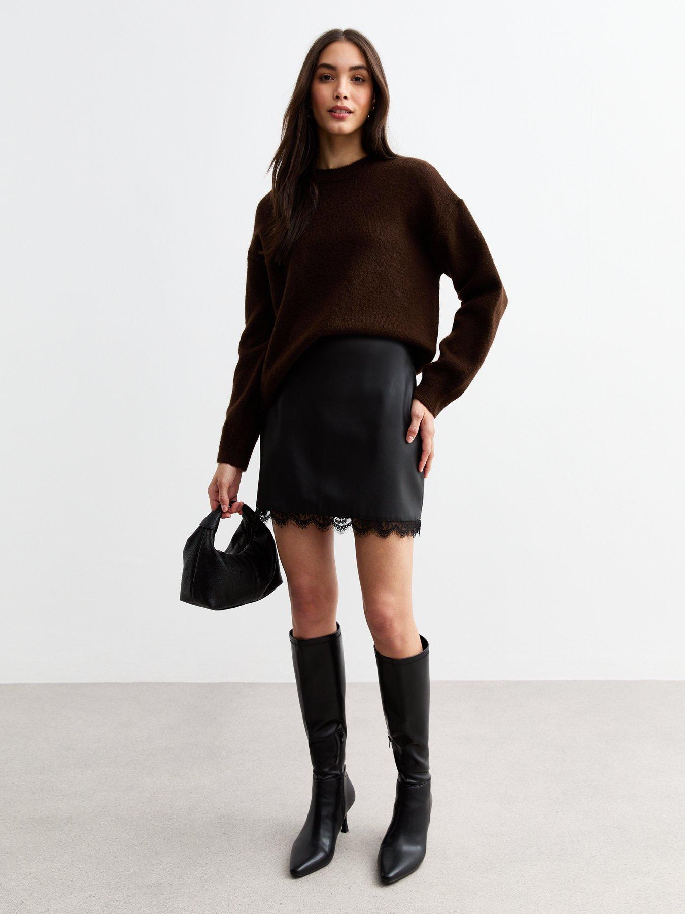 New Look Lace Hem Faux Leather Mini Skirt Black Very