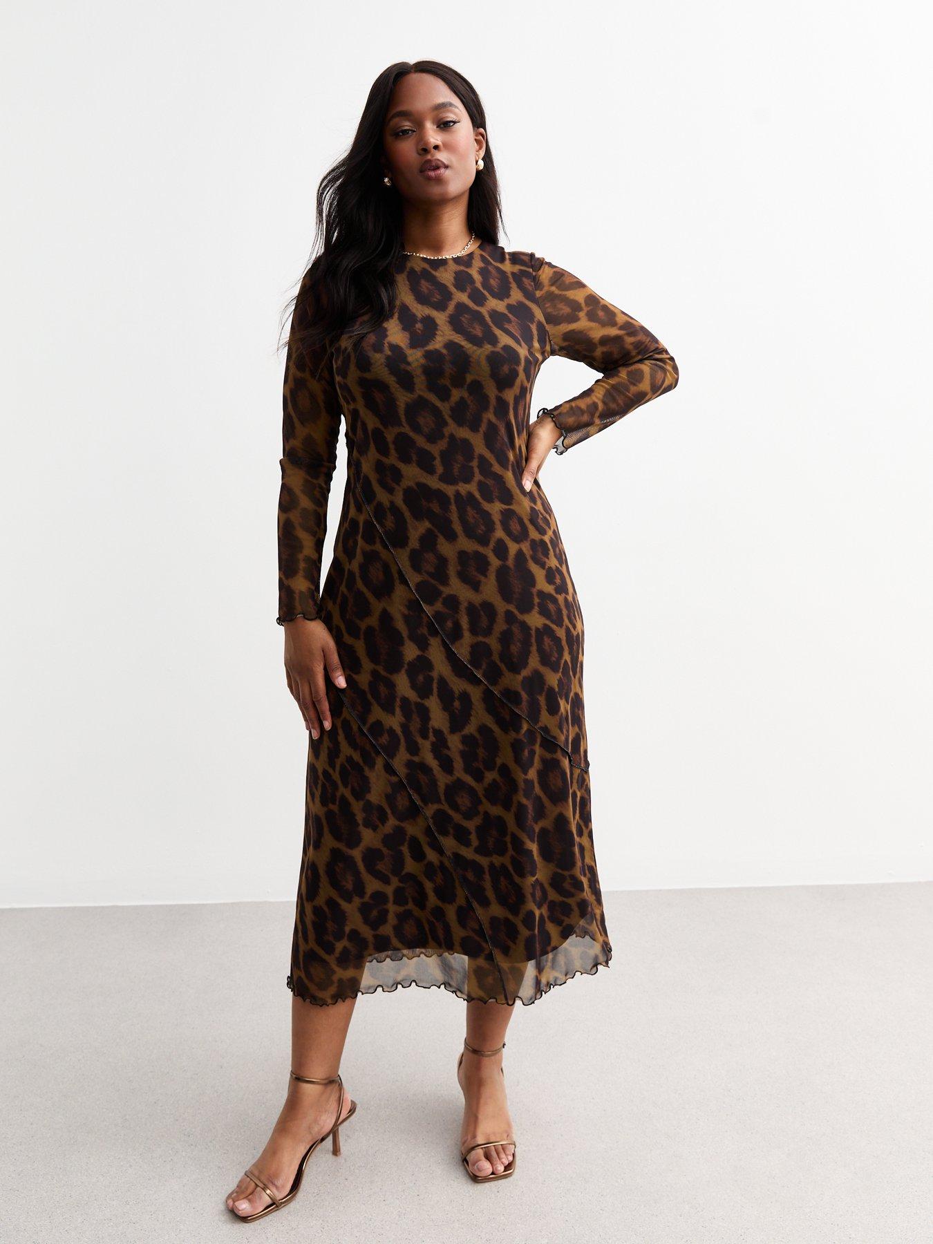 Curves Brown Leopard Print Long Sleeve Mesh Midi Dress