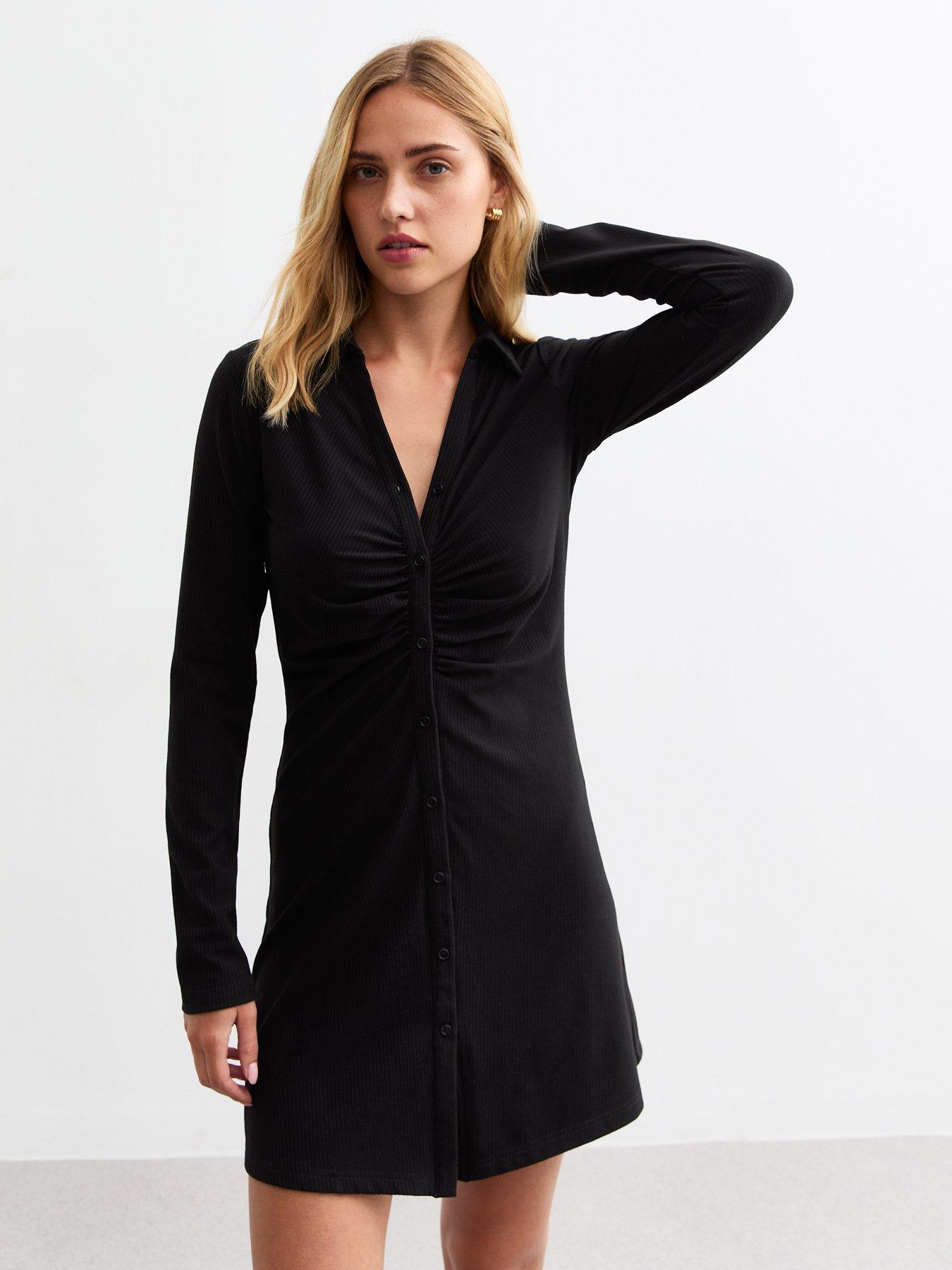 Ribbed black long sleeve dress sales