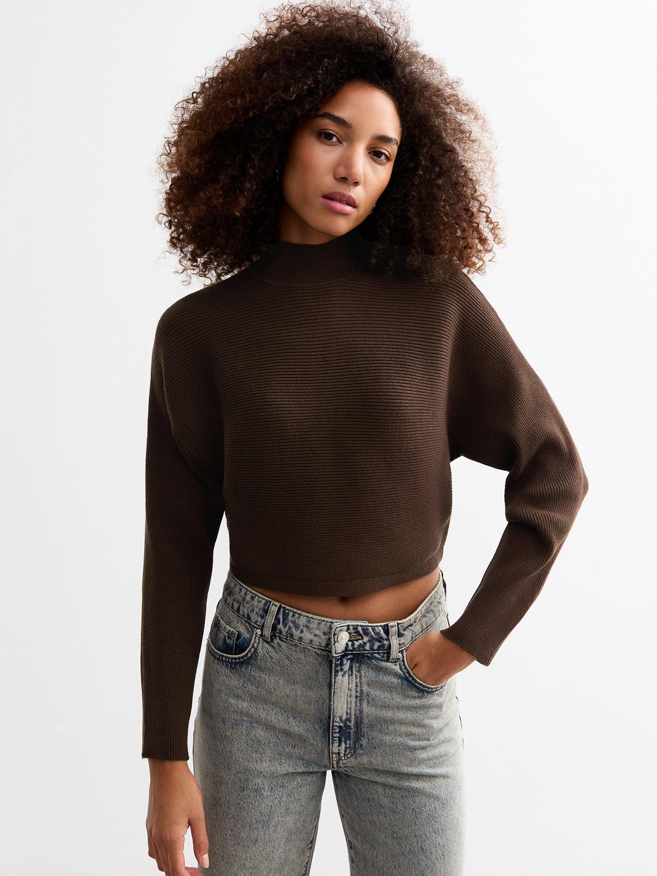 undefined Rib Knit Crop Jumper - Brown