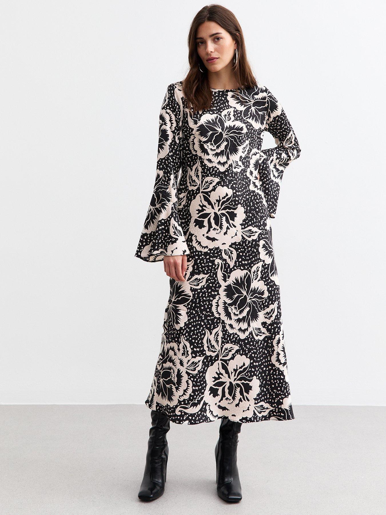 Floral Print Flared Sleeve Midi Dress Black White